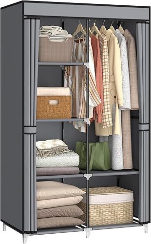 Miniatura 10 de Clóset portátil, armario de ropa de 51 pulgadas con 2 barras colgantes y 8 estantes, cubierta de tela no tejida, almacenamiento de capacidad media