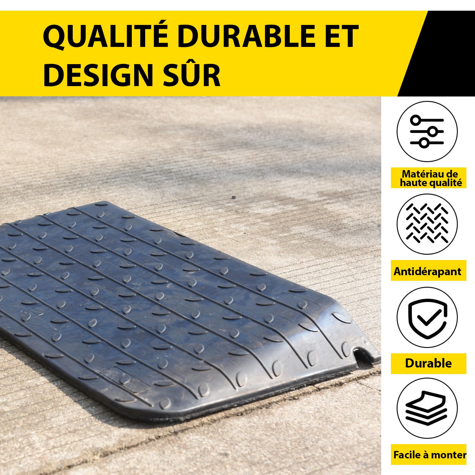 Rampe de trottoir en caoutchouc noir - Rampe de porte pour fauteuil roulant - 90 x 46 x 7,5 cm