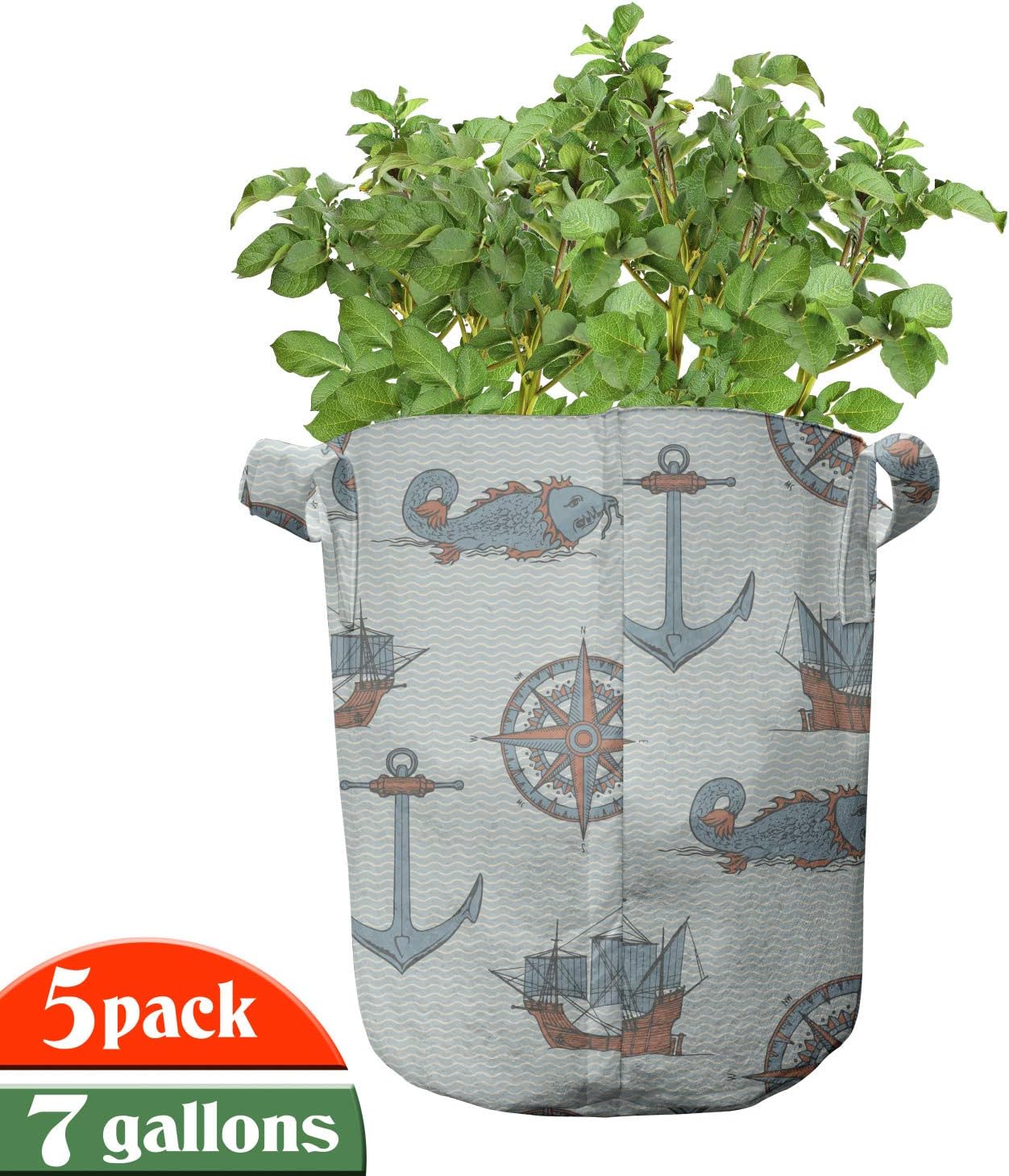 Ambesonne Nautical Grow Bags 5-Pack, Anchor Windrose Fish Ships, Heavyduty Fabric Pots with Handles for Plants, 7 Gallon, Blue Multicolor