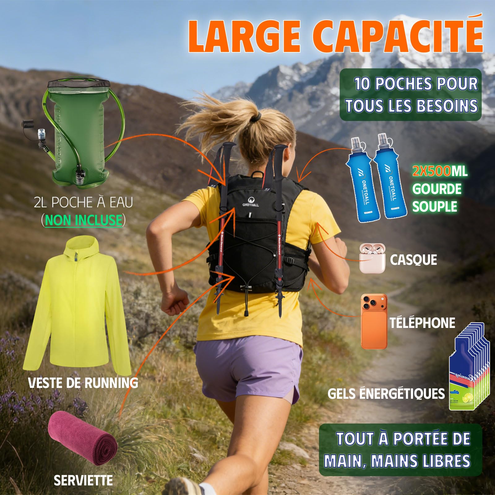 Gilet d'Hydratation Réfléchissant avec 2 Bouteilles 500ml - Sac à Dos de Course pour Homme Femme - Veste Running pour Marathon, Trail, Jogging