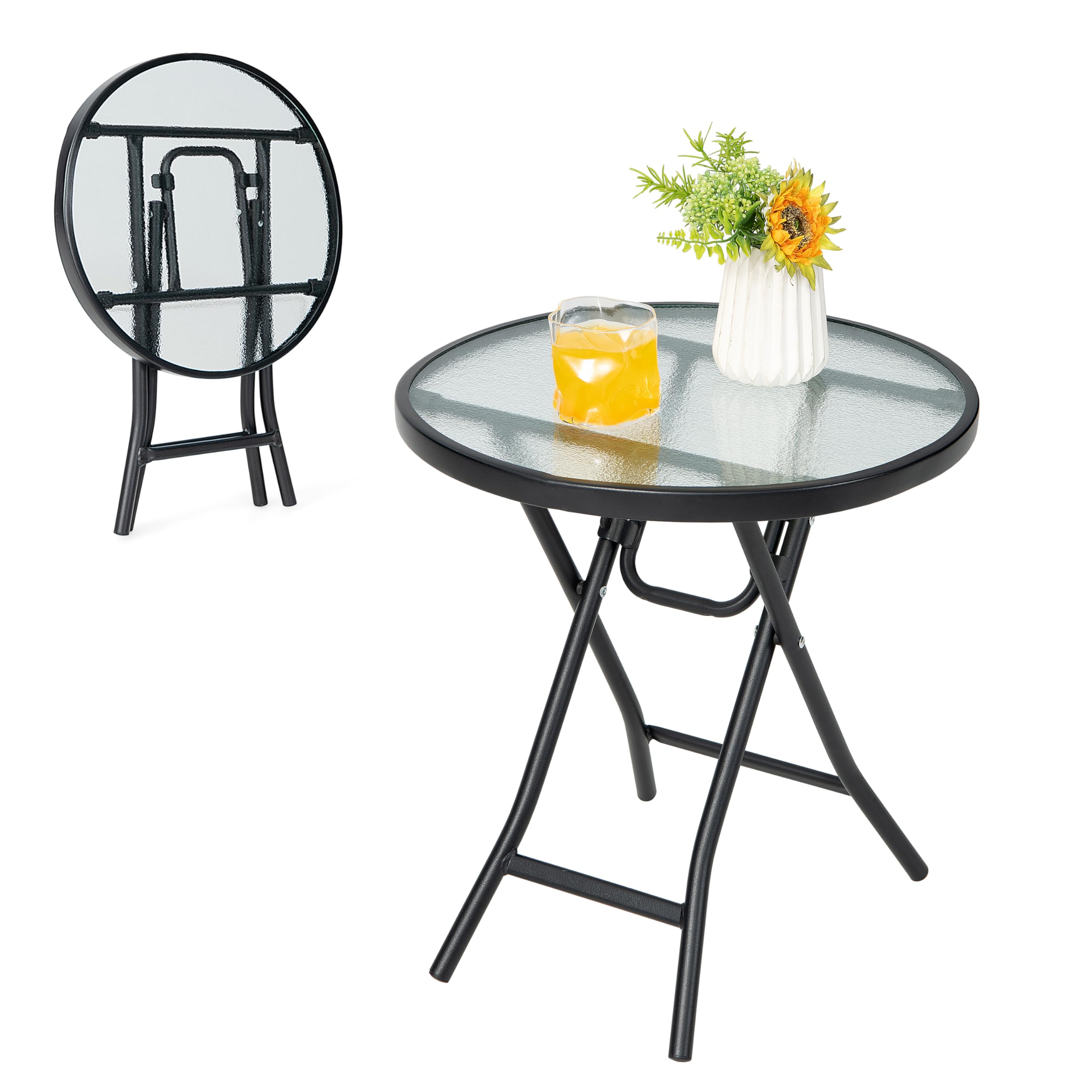 KOMFOTTEU Tavolo da giardino pieghevole, tavolo da bistrot con piano in vetro e telaio in metallo, tavolo laterale rotondo, per balcone, terrazza (trasparente, rotondo, φ46 x 47 cm (H))