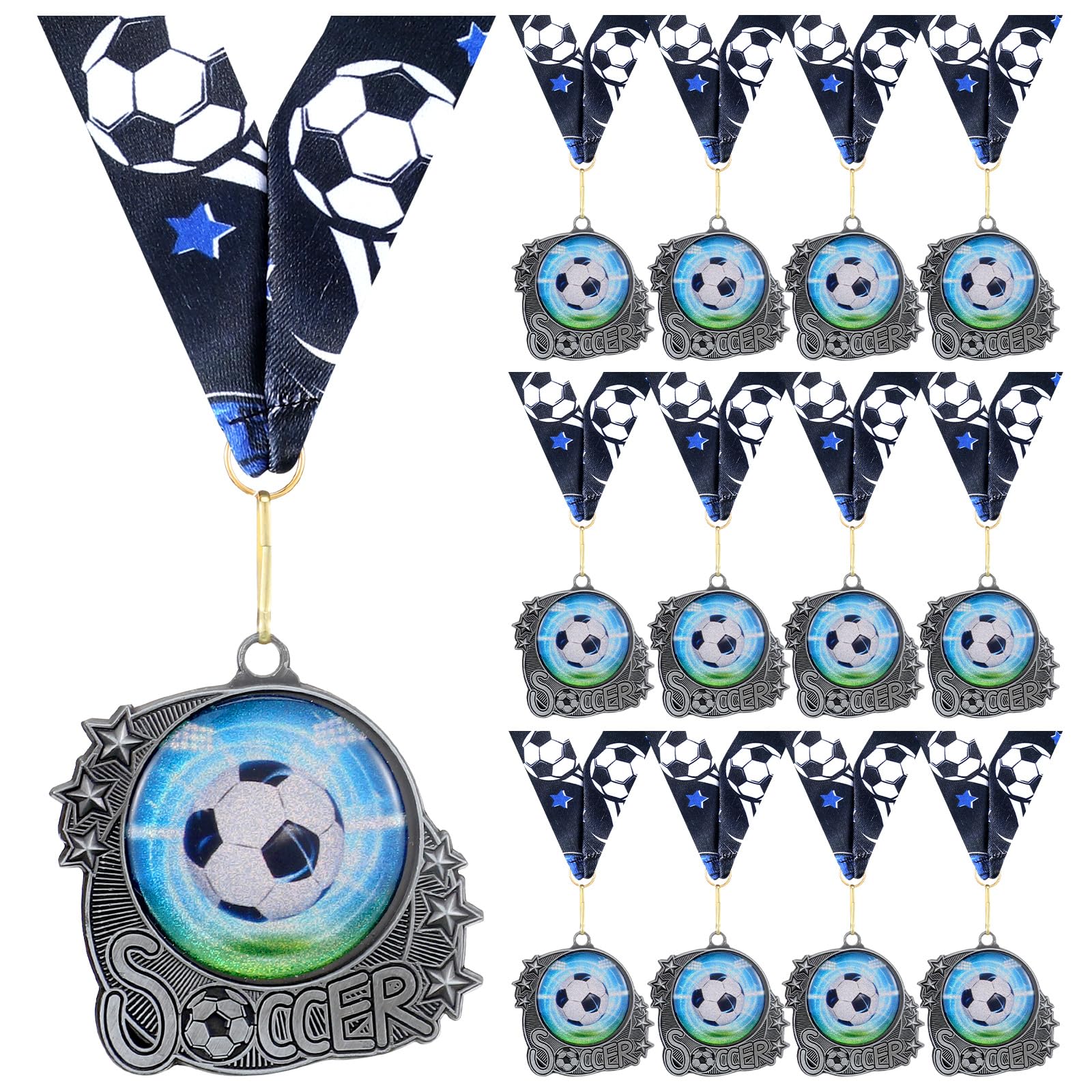 Seenelling Medals Trophy Silver Metal Sport Ball Award Medals with Ribbon for Participation Sports Themed Party Favors