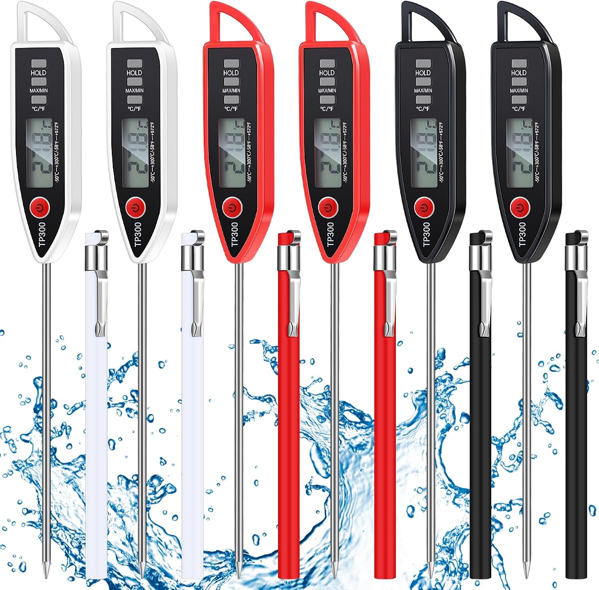 Copkim 6 Set Digital Food Thermometer Long Probe Instant,Black, White, Red | Waterproof for Water Liquid Candle, Instant Temperature Read for Kitchen BBQ Grill Candy Meat, Foldable Probe Thermometer