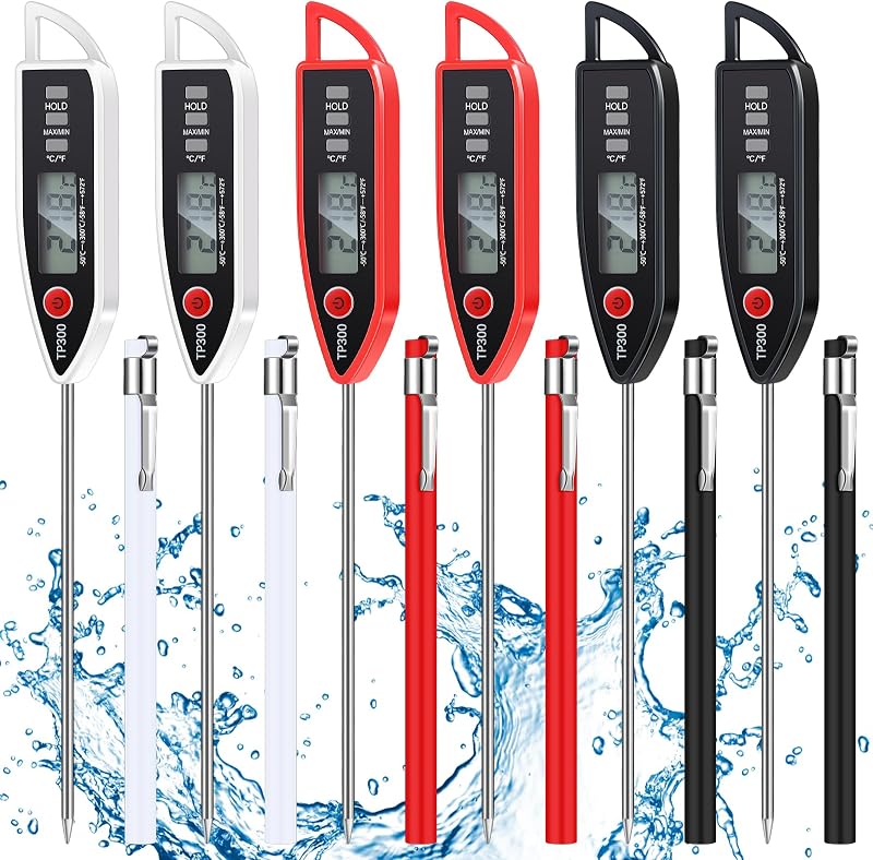 Copkim 6 Set Digital Food Thermometer Long Probe Instant,Black, White, Red | Waterproof for Water Liquid Candle, Instant Temperature Read for Kitchen BBQ Grill Candy Meat, Foldable Probe Thermometer
