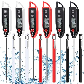 Copkim 6 Set Waterproof Food Thermometer for Water, Liquid, Candle and Cooking Digital Meat Thermometer with Long Probe Instant Read for Kitchen BBQ Grill Candy Black,White,Red