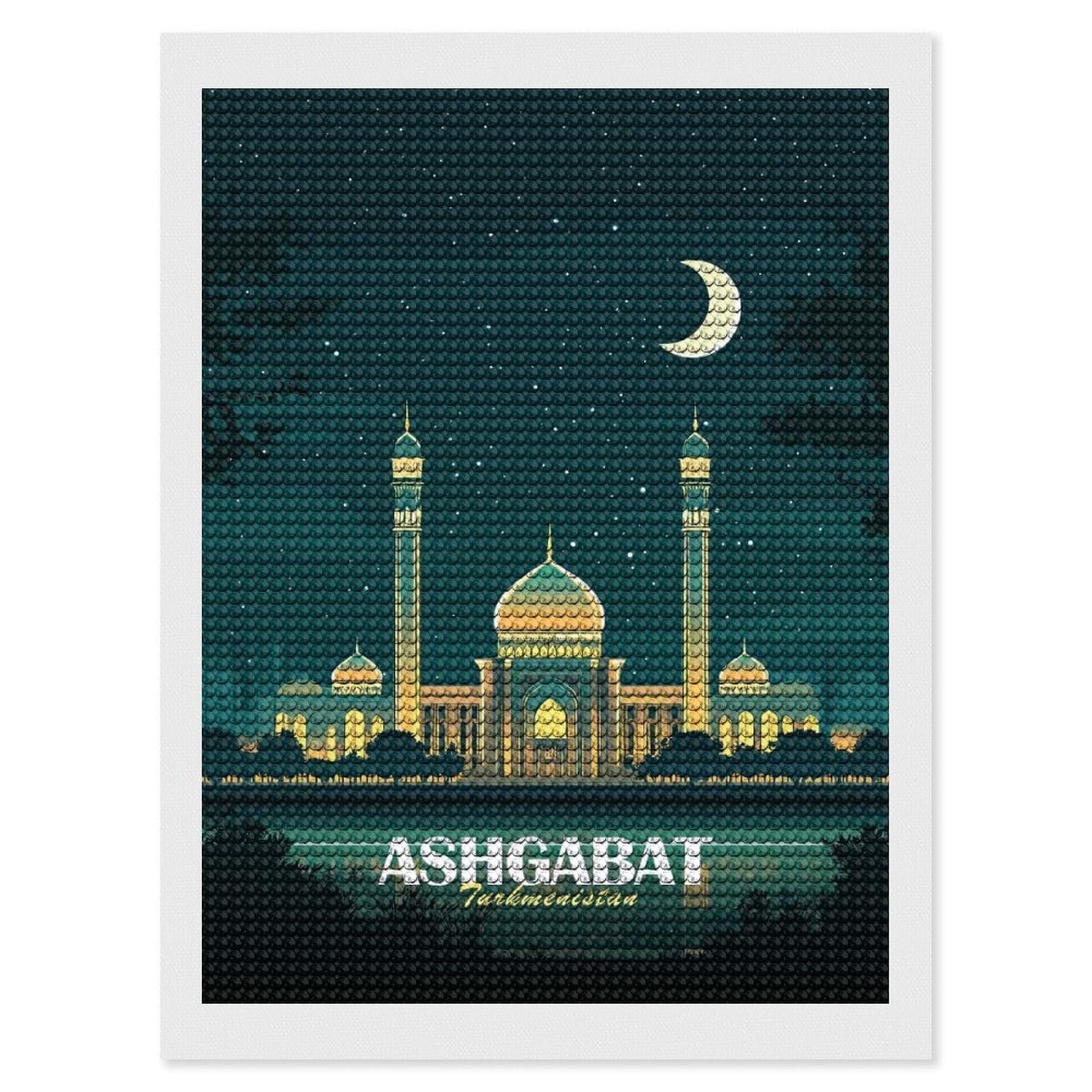 Junmoney Ashgabat, Turkmenistan Nightscape Illustration Diamond Painting Set 12"x16", Neat Printed Canvas, with Tool Kit, Bedroom Decor, Gift Idea, Complete Accessories