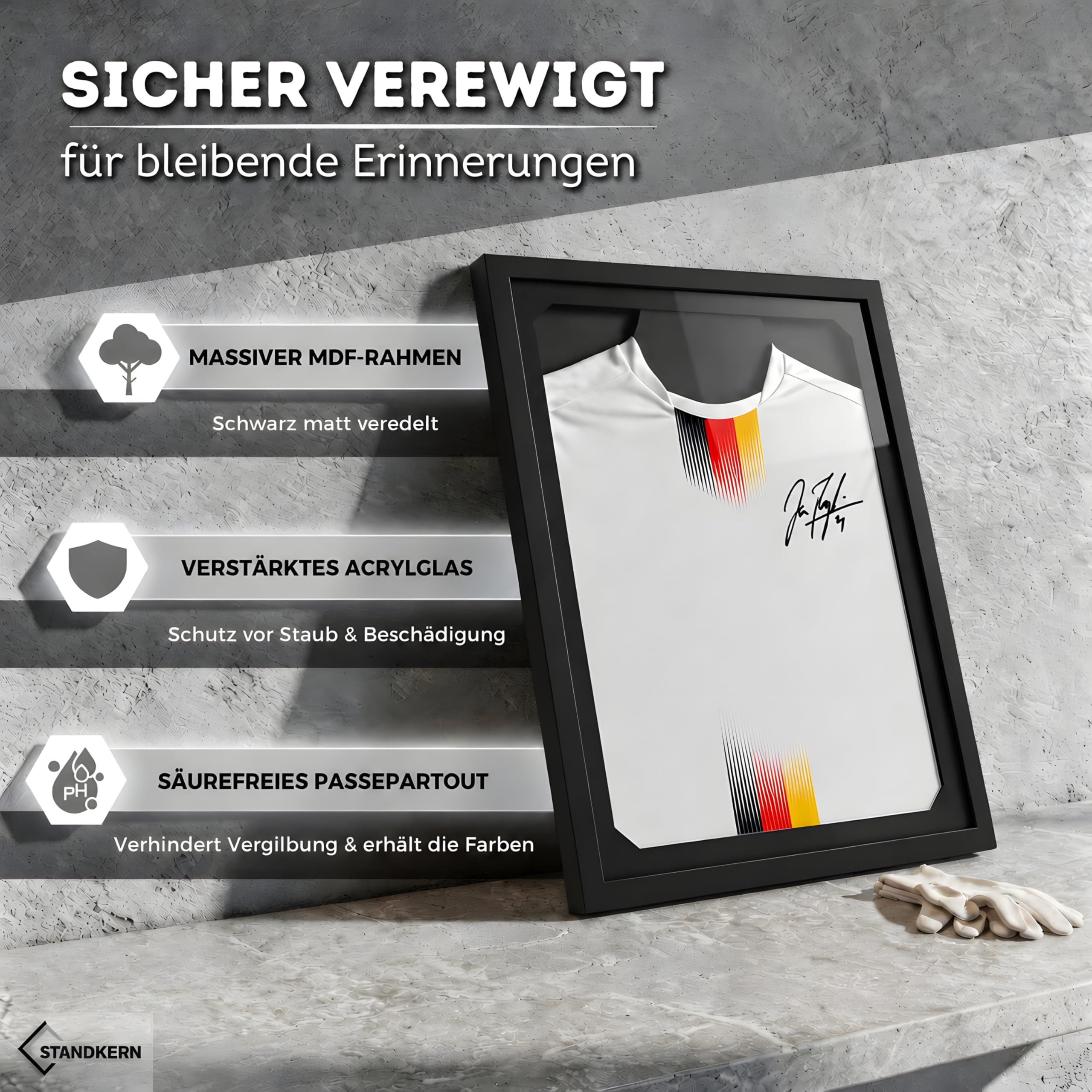 3D Trikotrahmen Fußball - XL Bilderrahmen für Trikot mit faltenfreier Fixierung - Trikot Bilderrahmen für alle Größen - Trikot Rahmen mit einfacher Montage - Objektrahmen Jersey Frame