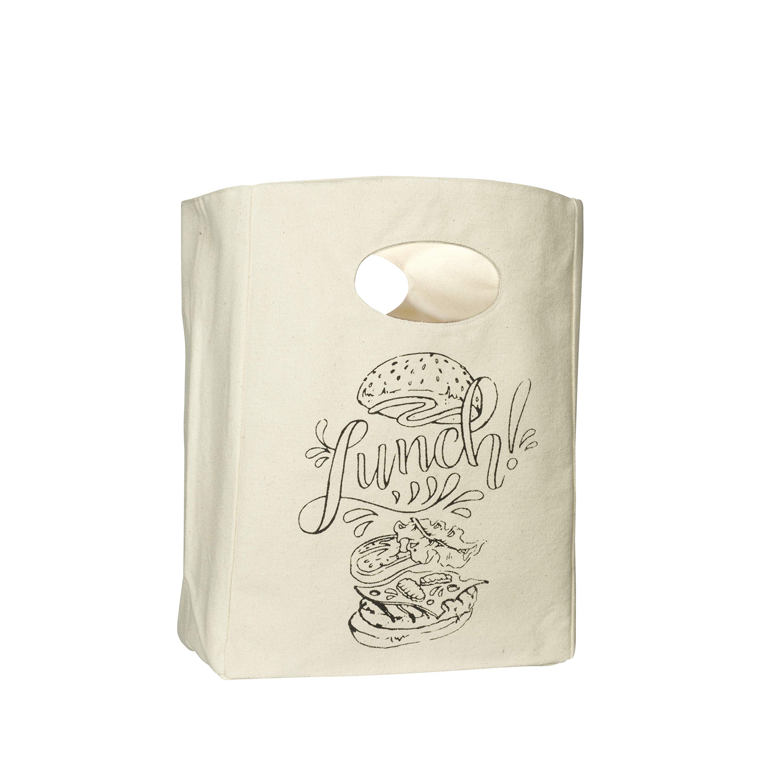 Organic Cotton Canvas Lunch Bag - Reusable & Machine Washable Lunch Tote - Organic Snack Tote - Unisex Lunch Bag for Men, Women & Kids - Easy to Clean (White with Black Print)