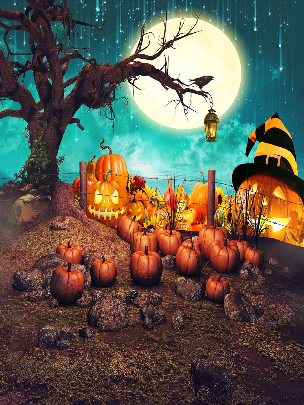 Halloween Fotohintergrund - Gruseliger Friedhof Mit Mond Und Kürbissen 2,1x1,5m