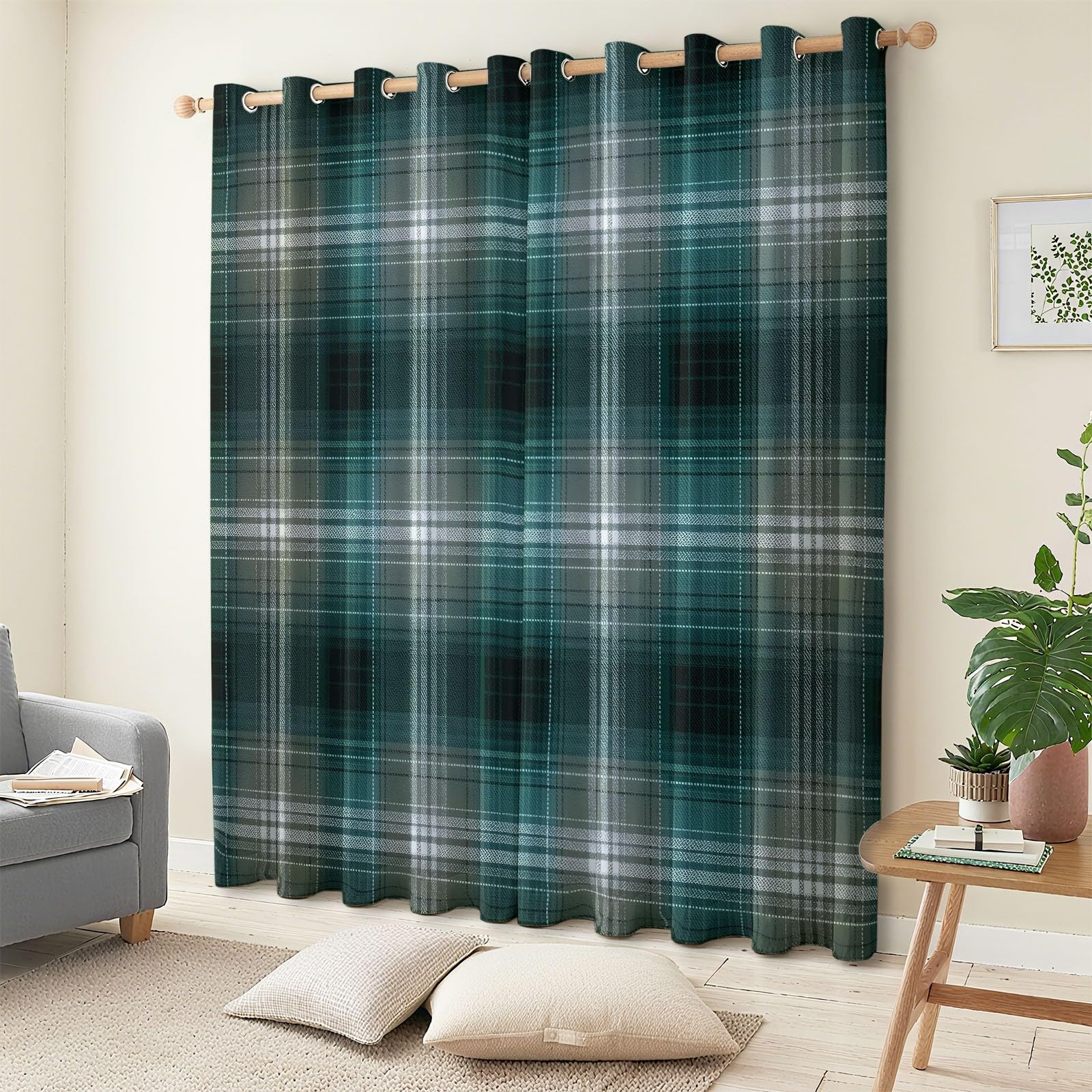 Vorhänge Blickdicht Verdunklungsvorhänge Thermovorhang 2er Set 160 x 70 cm, Strukturiertes Gittermuster ichtundurchlässige Vorhang mit Ösen für Schlafzimmer Geräuschreduzierung, Grün