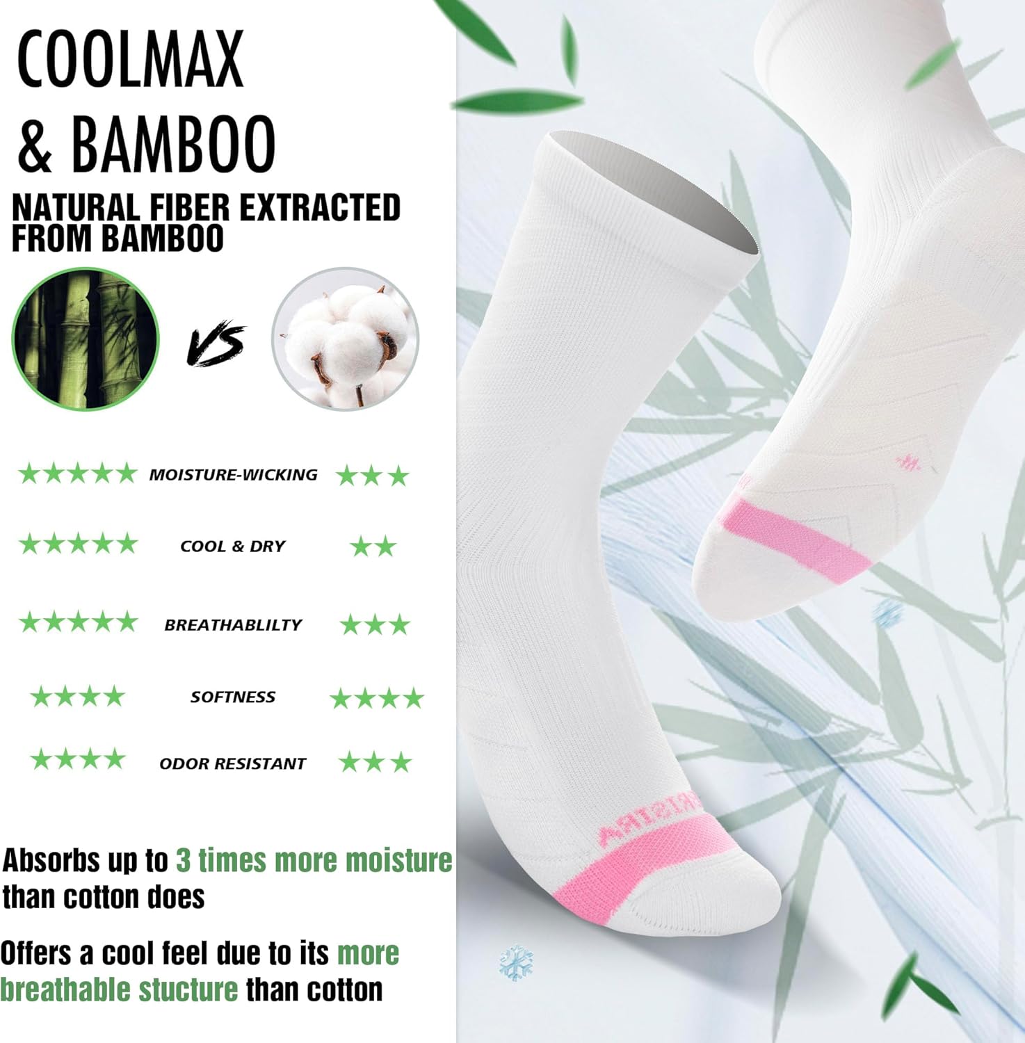 BRISIRA Coolmax Bamboo Viscose Compression Running Crew Socks Women Moisture-Wicking Anti-Blister Cooling Athletic Mid Calf - Image 3