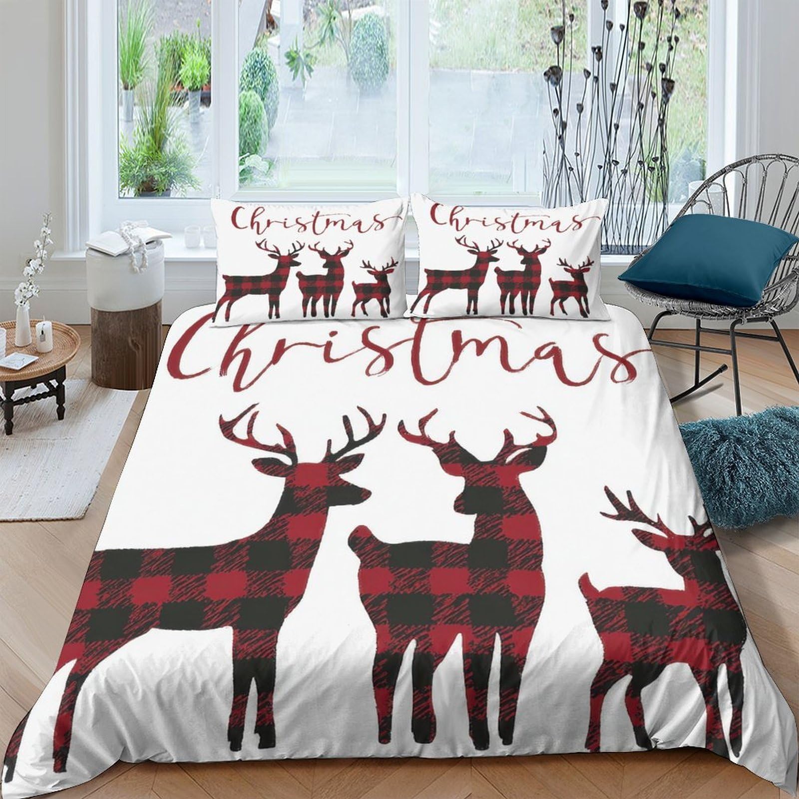 Ctjqhvkz Style-6 3D Printed Red Plaid Reindeer Fitted Sheet Microfiber Soft Christmas Elk Bed Cover For Bedroom Guestroom Decor Single（135X200cm）