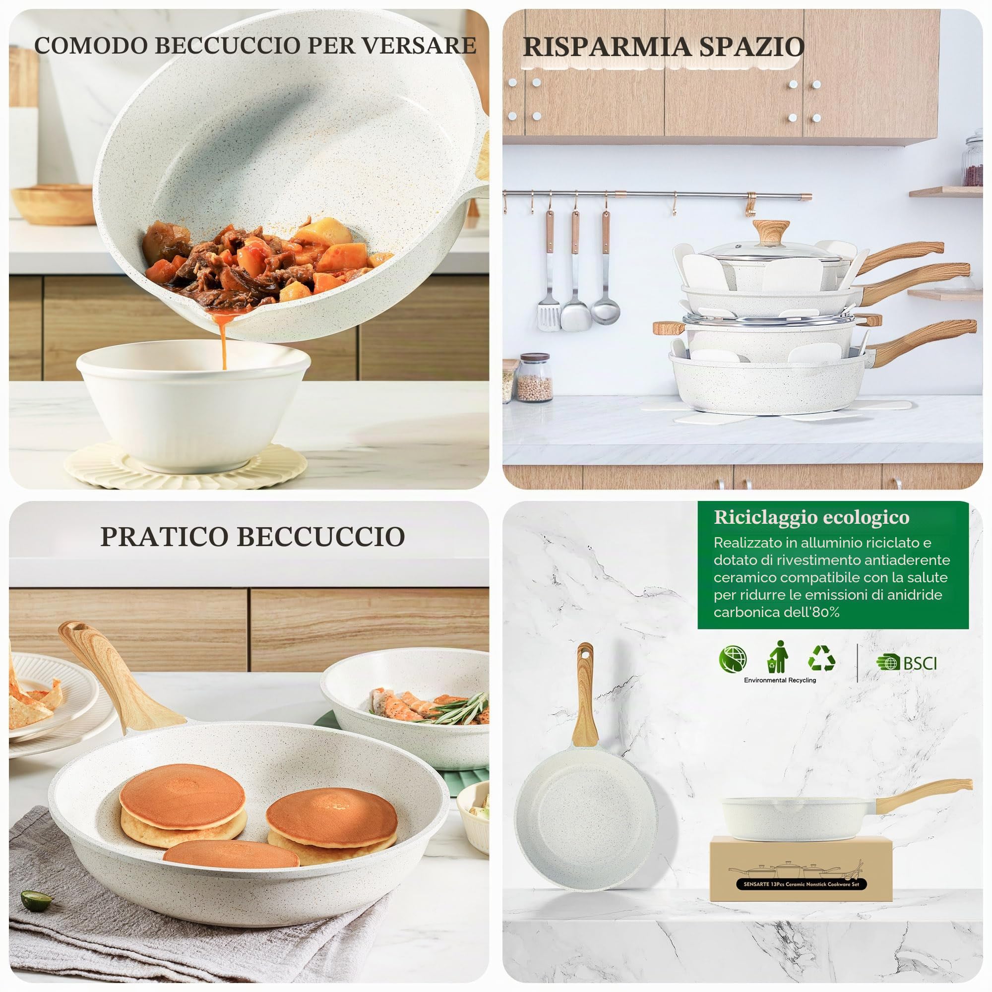 SENSARTE Set di Pentole 13 Pezzi, Antiaderente in Ceramica, Compatibile con Induzione e Gas, Include Padelle e Casseruole, con Manico Ergonomico Resistente e Lavabile in Lavastoviglie