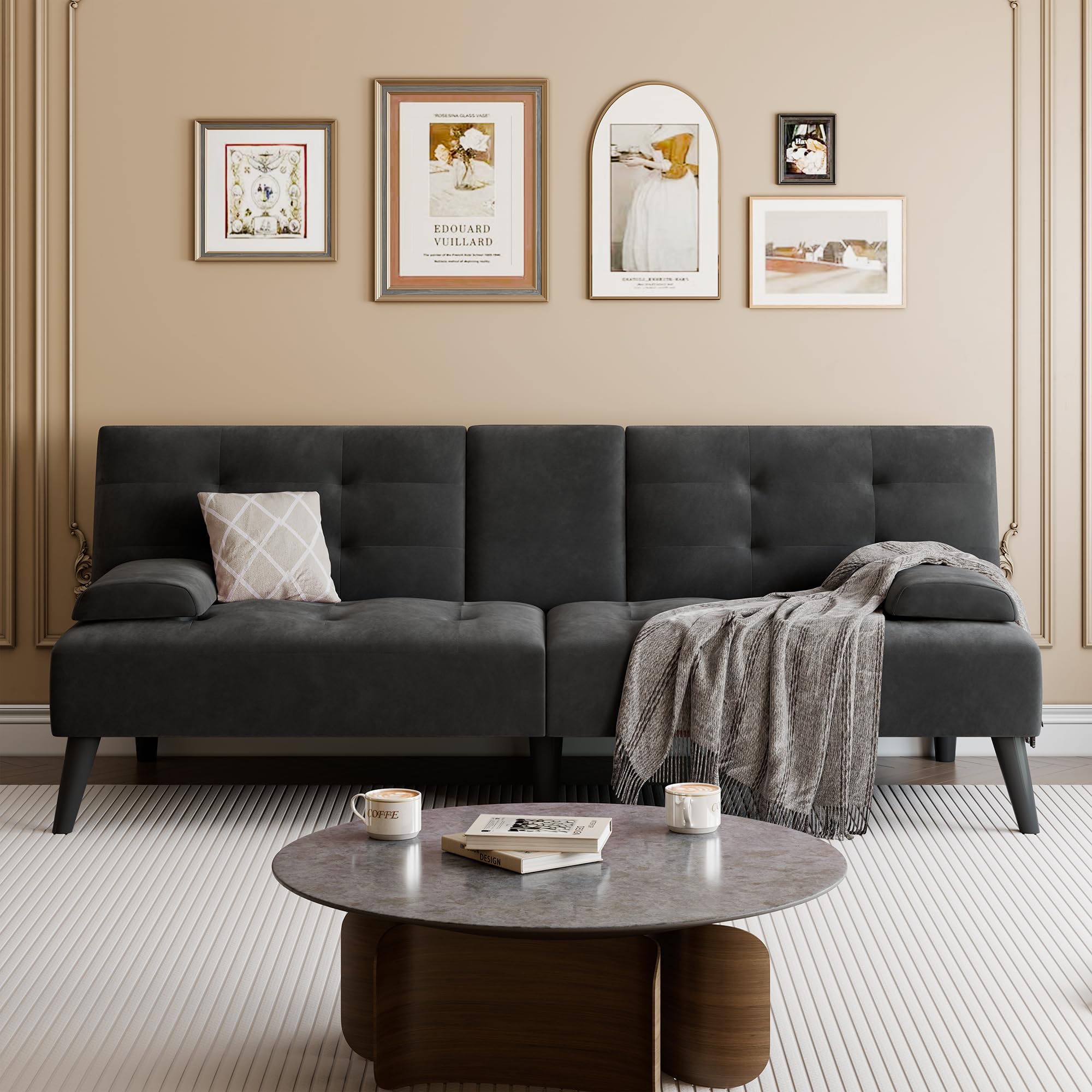 64" Futon Sofa Bed, Convertible Loveseat with 2 Cup Holders, Small Couch with 3 Adjustable Angles, Removable Armrests, Small Sofa for Apartment, 5.3 FT, Black