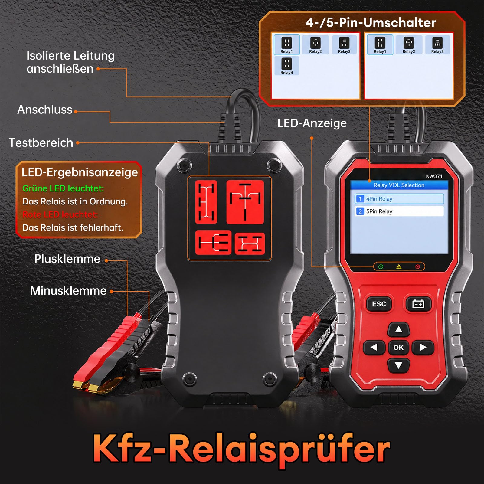 Autobatterie Tester 6V 12V 24V, 2-in-1 Kfz Batterietester 10-2000 CCA mit 12V/24V 4/5-Pin-Relaistester, Batterie Tester, Start- und Ladesystemtest für PKW, LKW, Motorrad und Wohnmobil.
