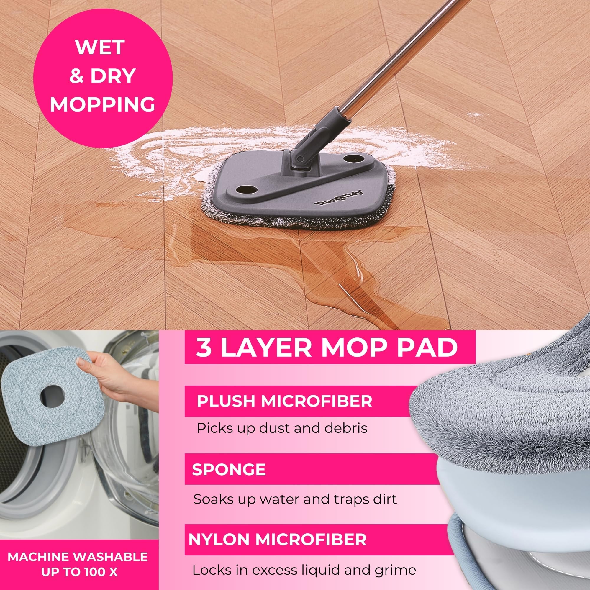 Mopa giratoria Cuadrada Resistente para Limpieza de Suelos, Compartimento Separado para Agua Limpia y Sucia, Utiliza Cualquier solución de Limpieza, autolimpieza, Almohadillas Lavables a máquina