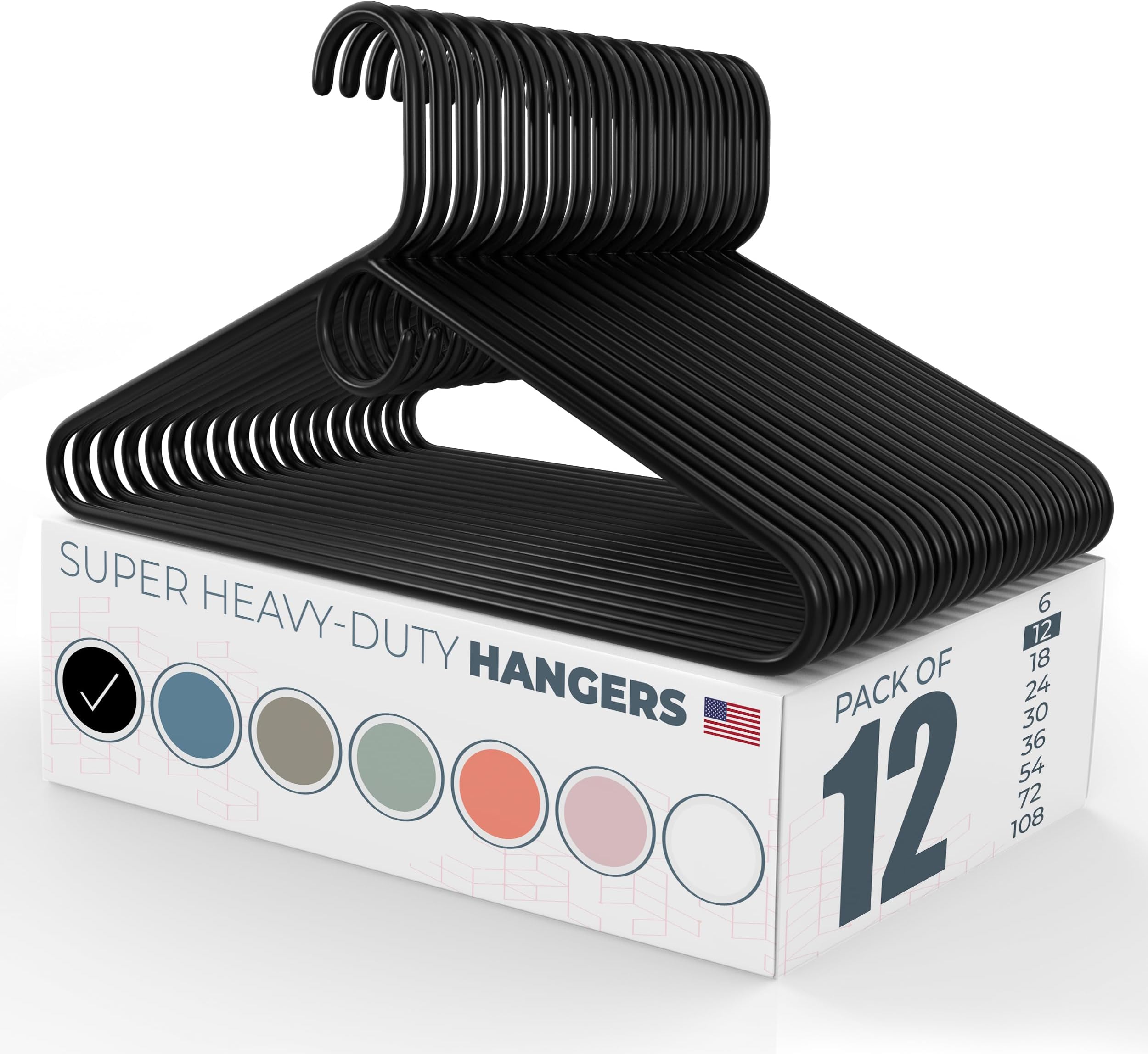 Made in USA Super Heavy Duty Plastic Clothes Hangers Bulk, 20 30 50 100 Pack Available, Strong Plastic Hangers, Plastic Coat Hangers, Plastic Hanger for Closet and Clothing Hangars (12pk Black)