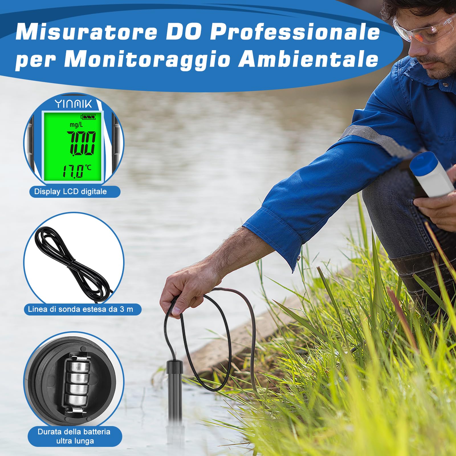 Misuratore di Ossigeno Disciolto Intelligente Misuratore di DO per Acquario Misuratore di Ossigeno Disciolto Digitale con Cavo Sonda DO Da 3m Misuratore di DO Portatile per Acquacoltura