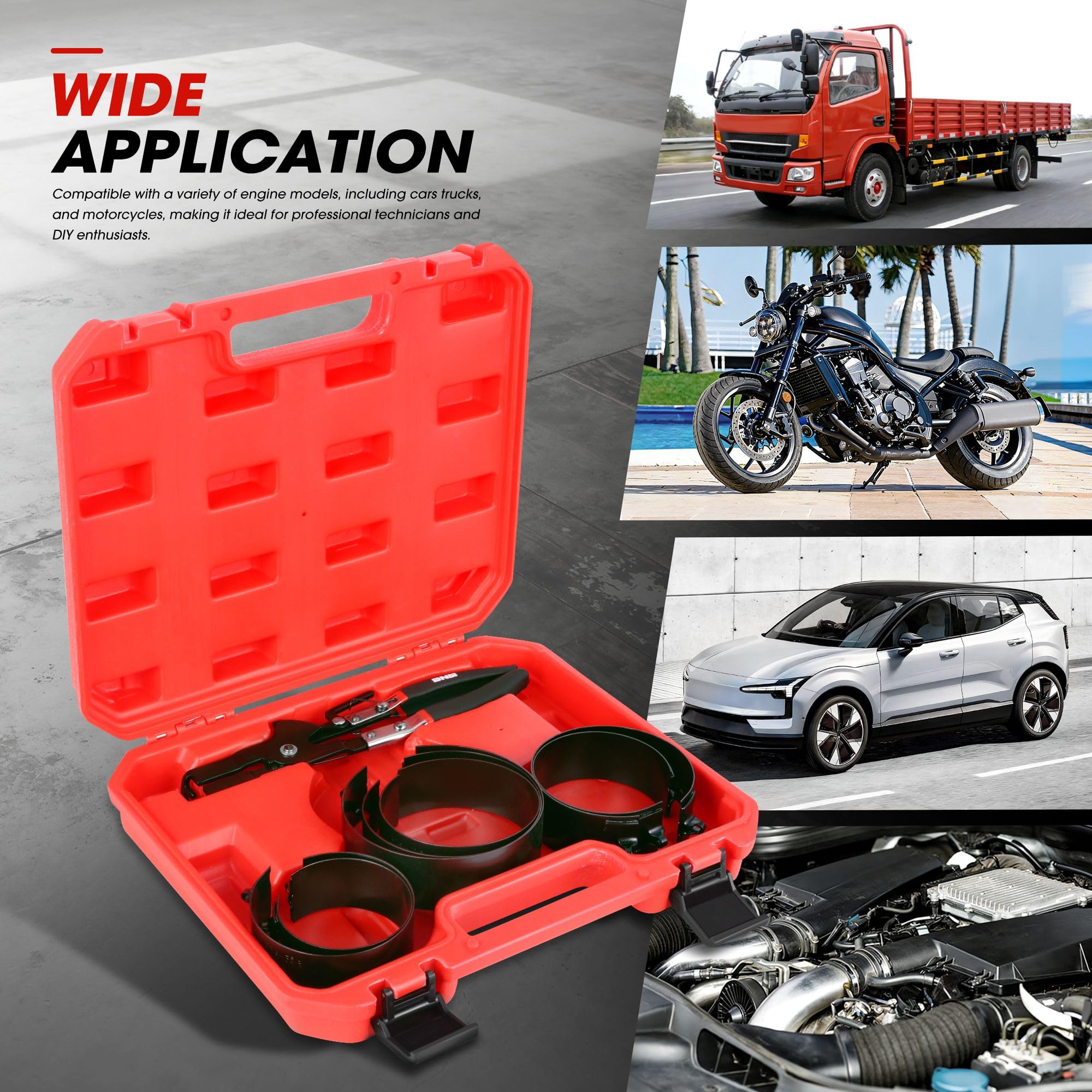 DNA MOTORING TOOLS-00537 - Set compressore ad anello per motore, con pinze a compressione e 7 anelli per pistone (2-7/8" - 4-5/8") - per auto, camion e moto, kit di installazione e rimozione