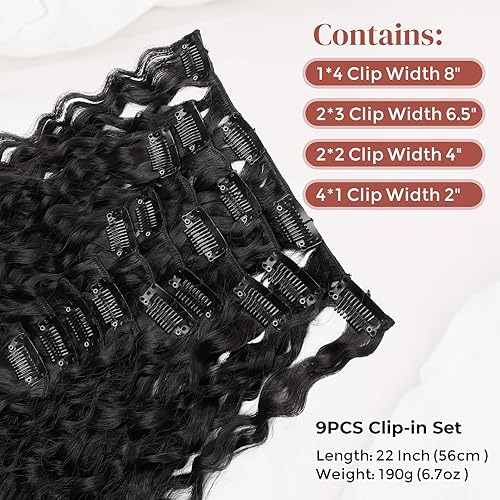 Miniatura 2 de LONAI Extensiones de cabello negro LN002 de 22 pulgadas rizado con clip, extensiones de cabello sintético largo suave y grueso para mujer, color