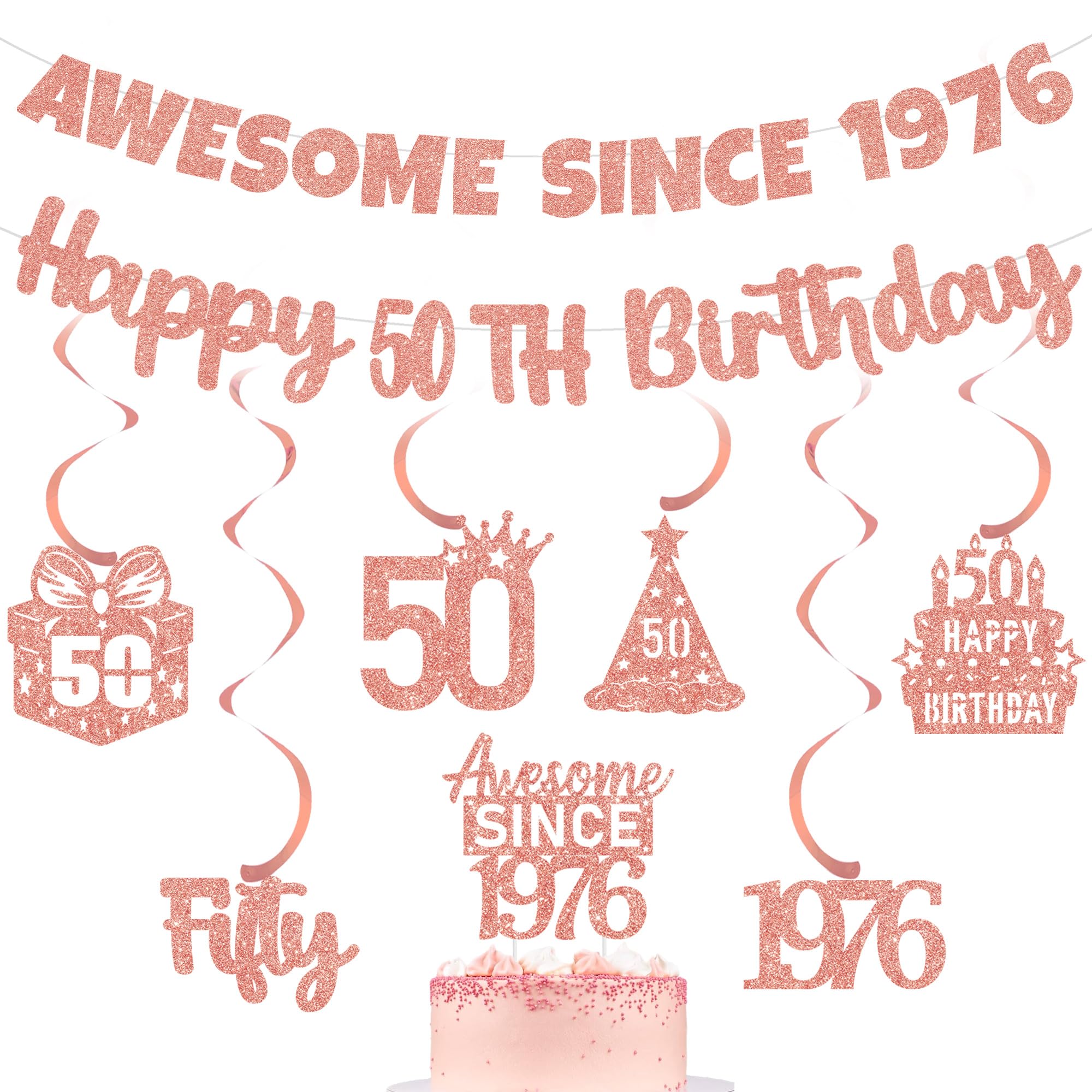 Rose Gold 50th Birthday Banner, Awesome Since 1976 Glitter Decorations