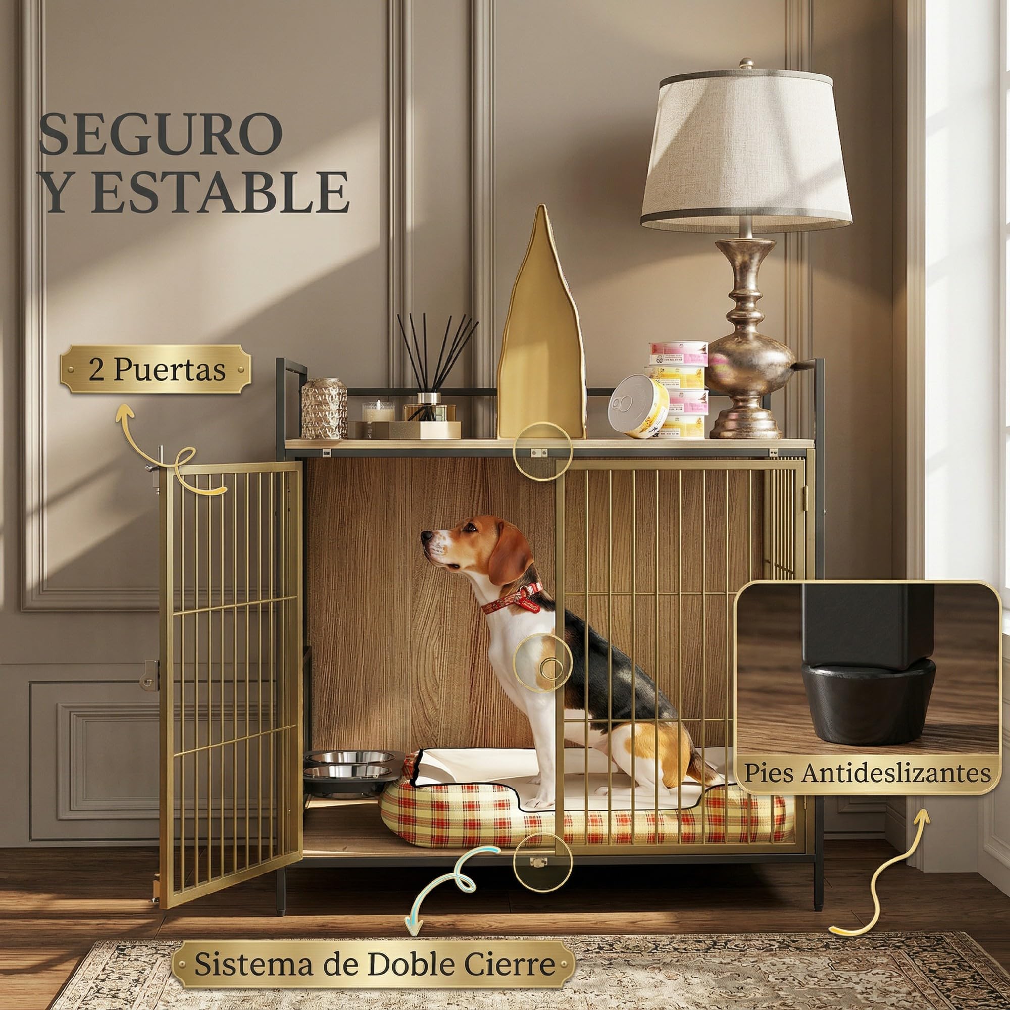 PawHut Jaula para Perros Casa para Mascotas con 2 Puertas y Mesa Auxiliar Moderna con Soporte Giratorio 2 Tazones y Estante de Almacenamiento Superior para Perros Medianos 80x56x76,5 cm Roble
