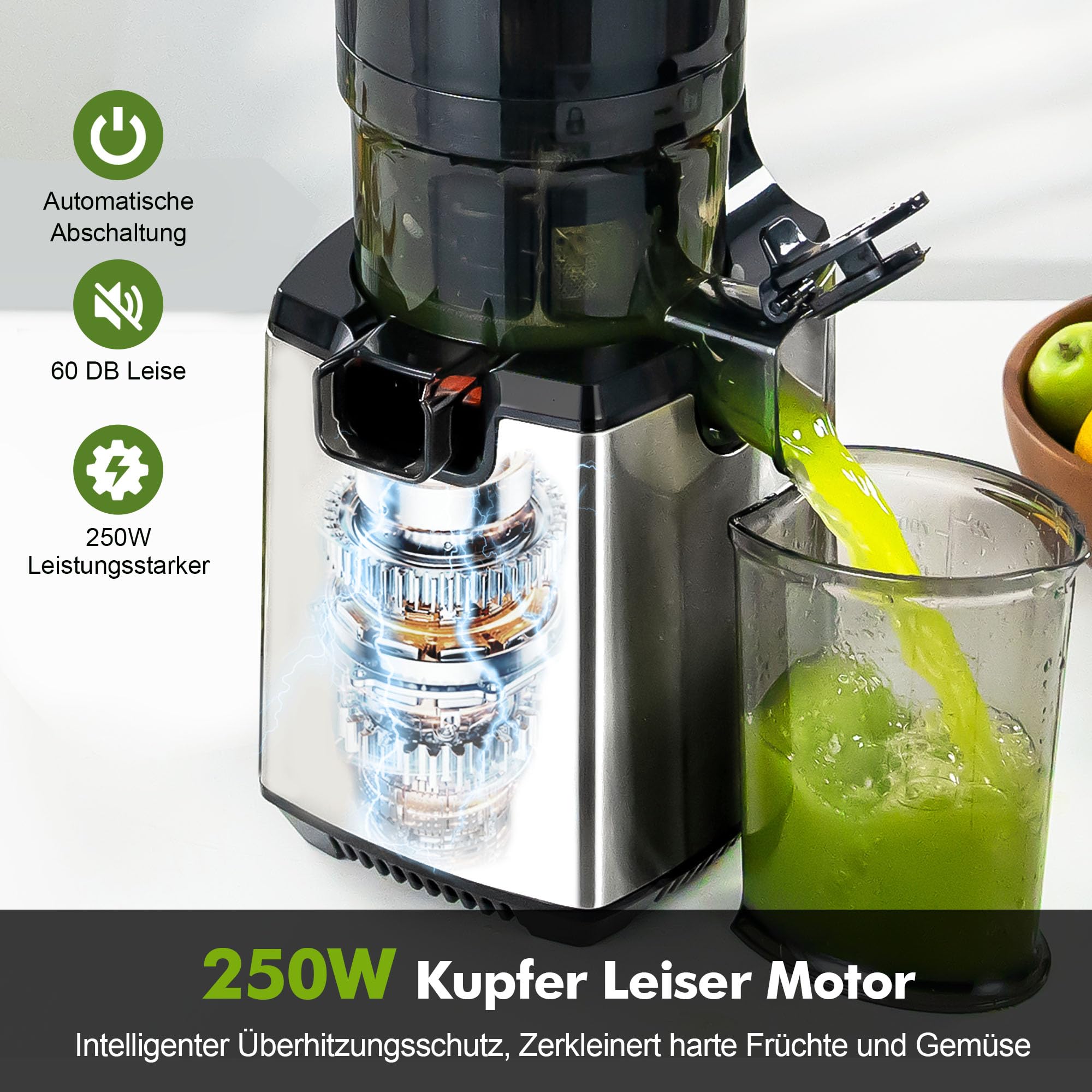 Fretta Entsafter Slow Juicer Edelstahl Entsafter Gemüse und Obst Testsieger | 135MM Öffnung & 1,8L Juicer Machine mit Umkehrfunktion, Einfache Installation, Leicht zu Reinigen, 100% BPA Frei, 250W