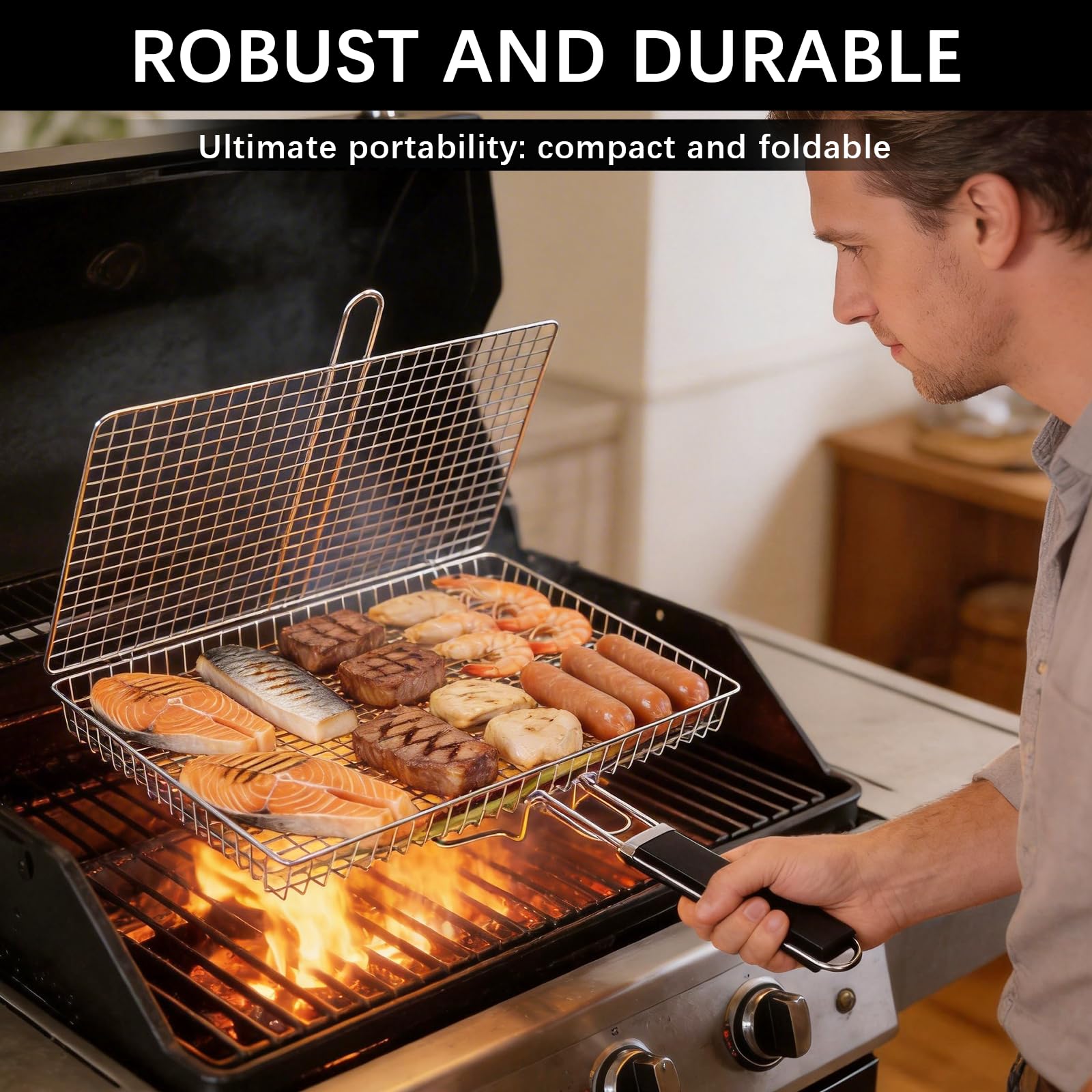 Juego de Cestas para Parrilla, Set de Cesta de Parrilla Rodadiza en Acero Inoxidable Rejilla Barbacoa con Asa Extraíble Accesorios Barbacoa para Verduras y Camarones Hombre Padre