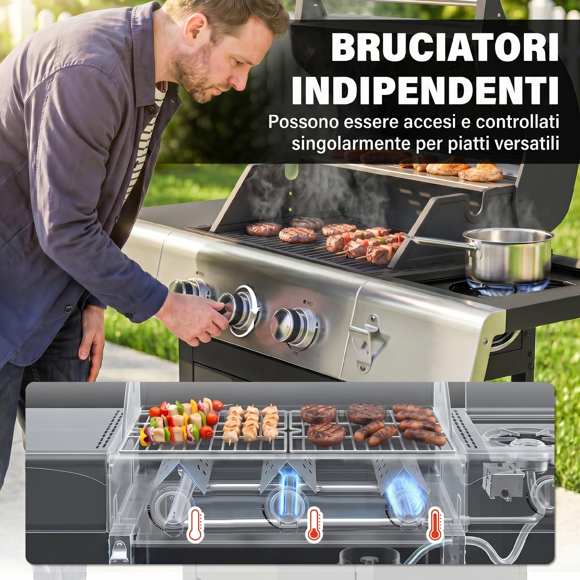 Outsunny Barbecue a Gas con 3+1 Bruciatori da 10.5 KW, BBQ a Gas Propano Portatile con Griglia, Ripiani Laterali, Vaschetta per Grasso, Armadietto, Termometro, Apribottiglie, Ruote, per Giardino, Nero
