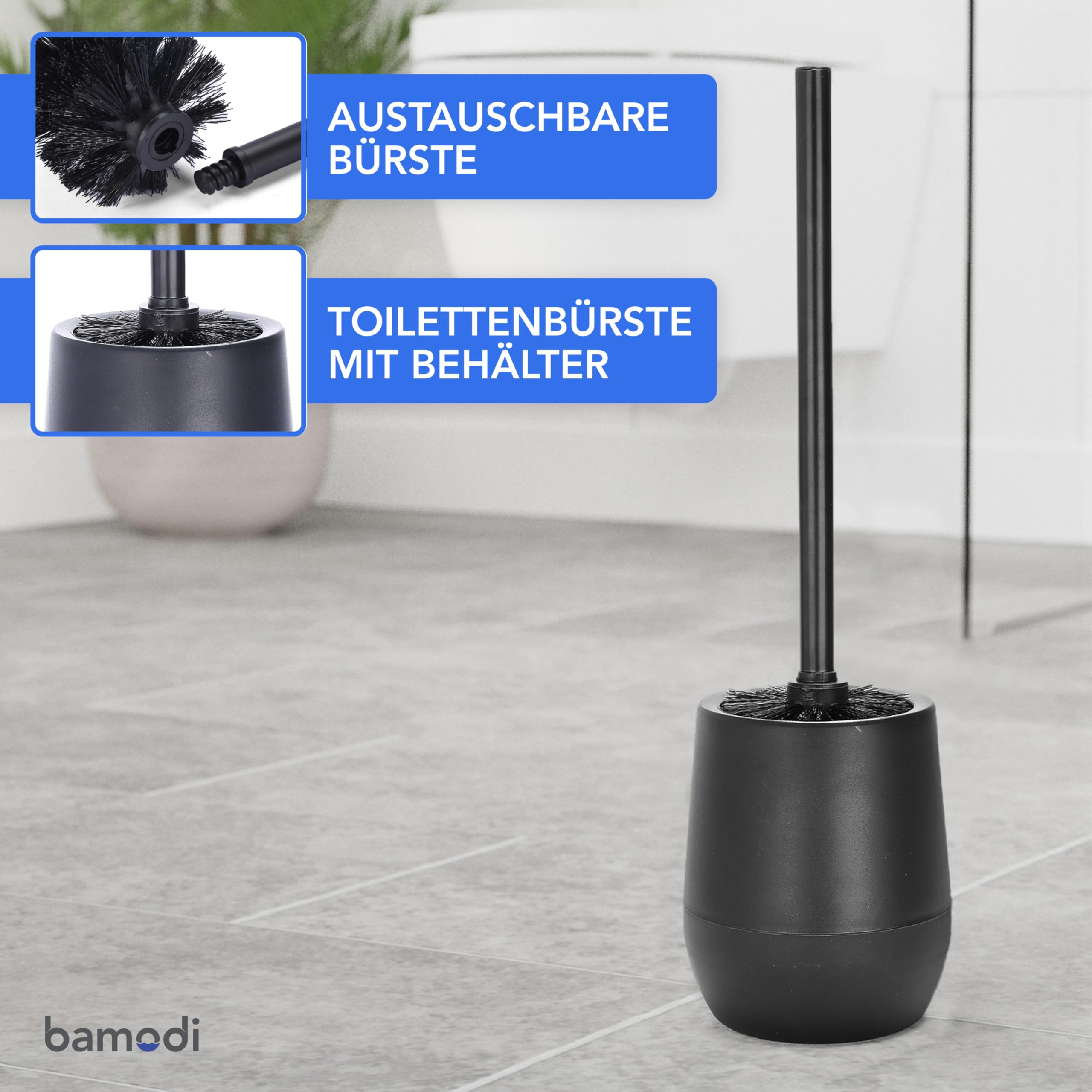 Silicon Brush Bamodi - Scopino WC autoportante nero con manico lungo e setole rigide per una pulizia accurata e semplice, ideale per bagni e WC degli ospiti