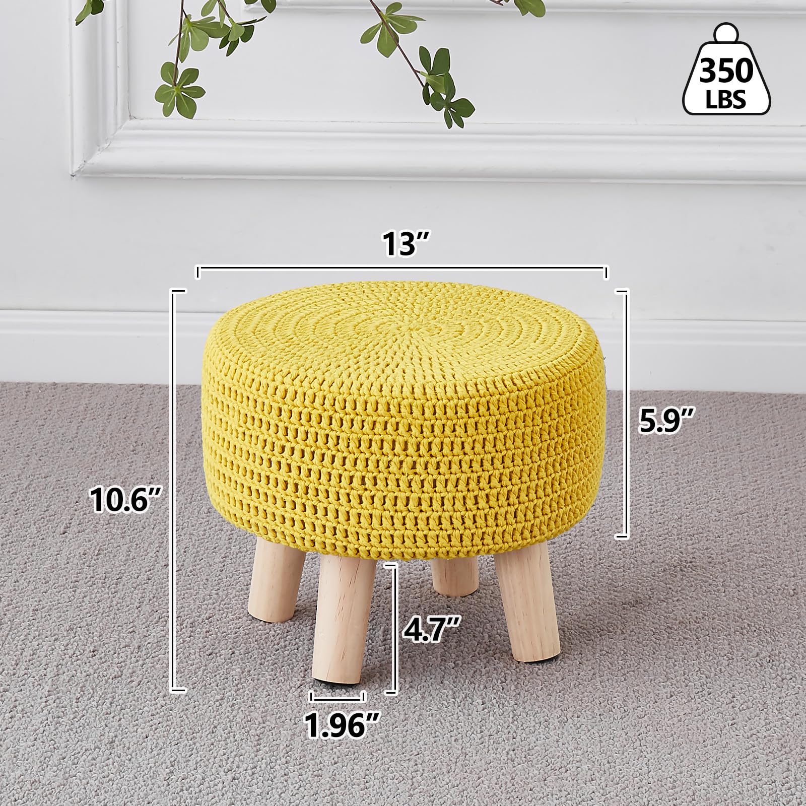 Wimarsbon Small Ottomans, 100% Hand Knitted Pouf, Round Footrest with 4 Non-Skid Wood Legs, Boho Décor Cotton Rope Pouffe Beside Sofa, Leisure Floor Step Chair for Living Room (Yellow)