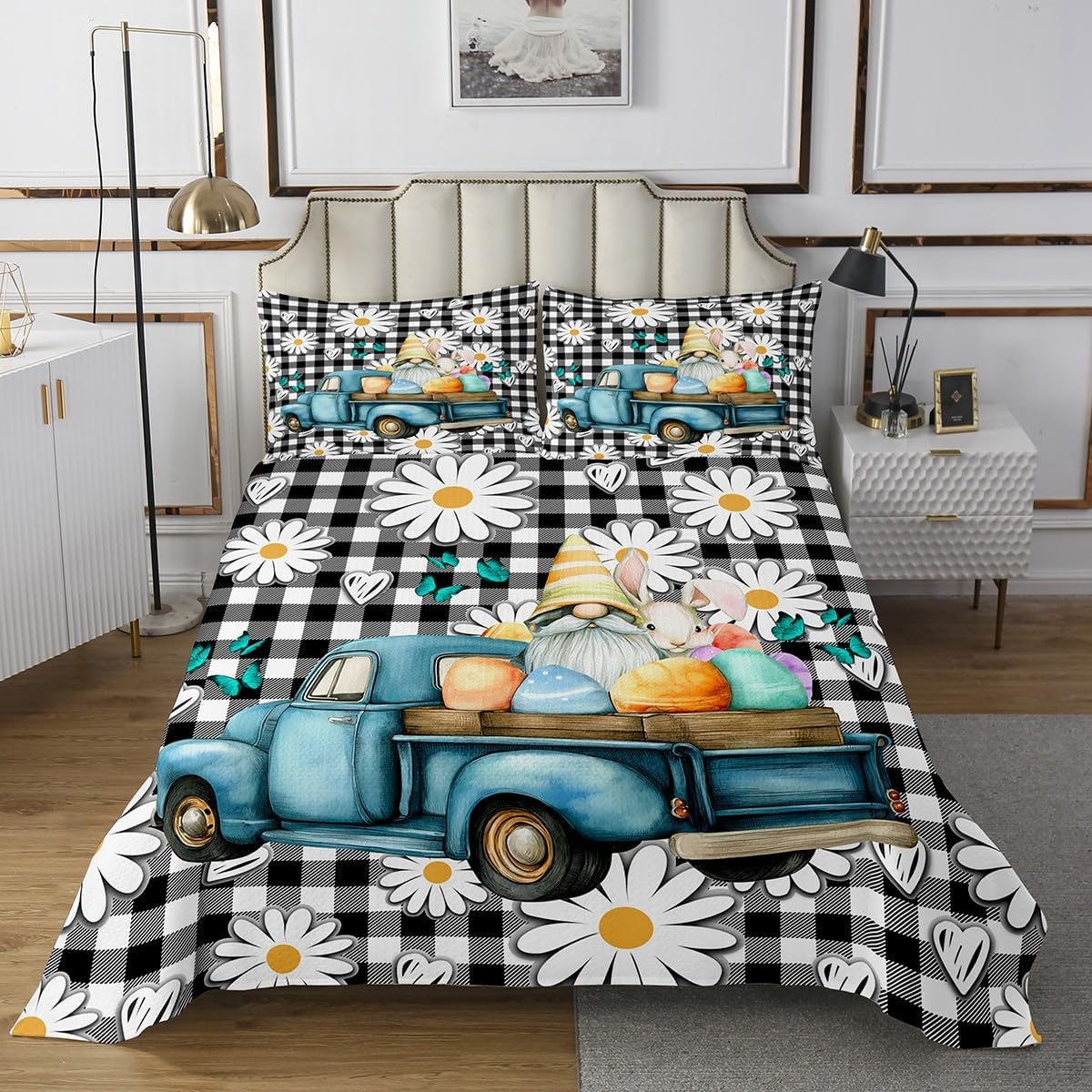 Erosebridal Easter Truck Quilt King Gnome Eggs Bedspread Rabbit Flower Spring Daisy Coverlet for Kids Adults Vintage Black Buffalo Check Bedroom Decor Bedspread Quilt Set