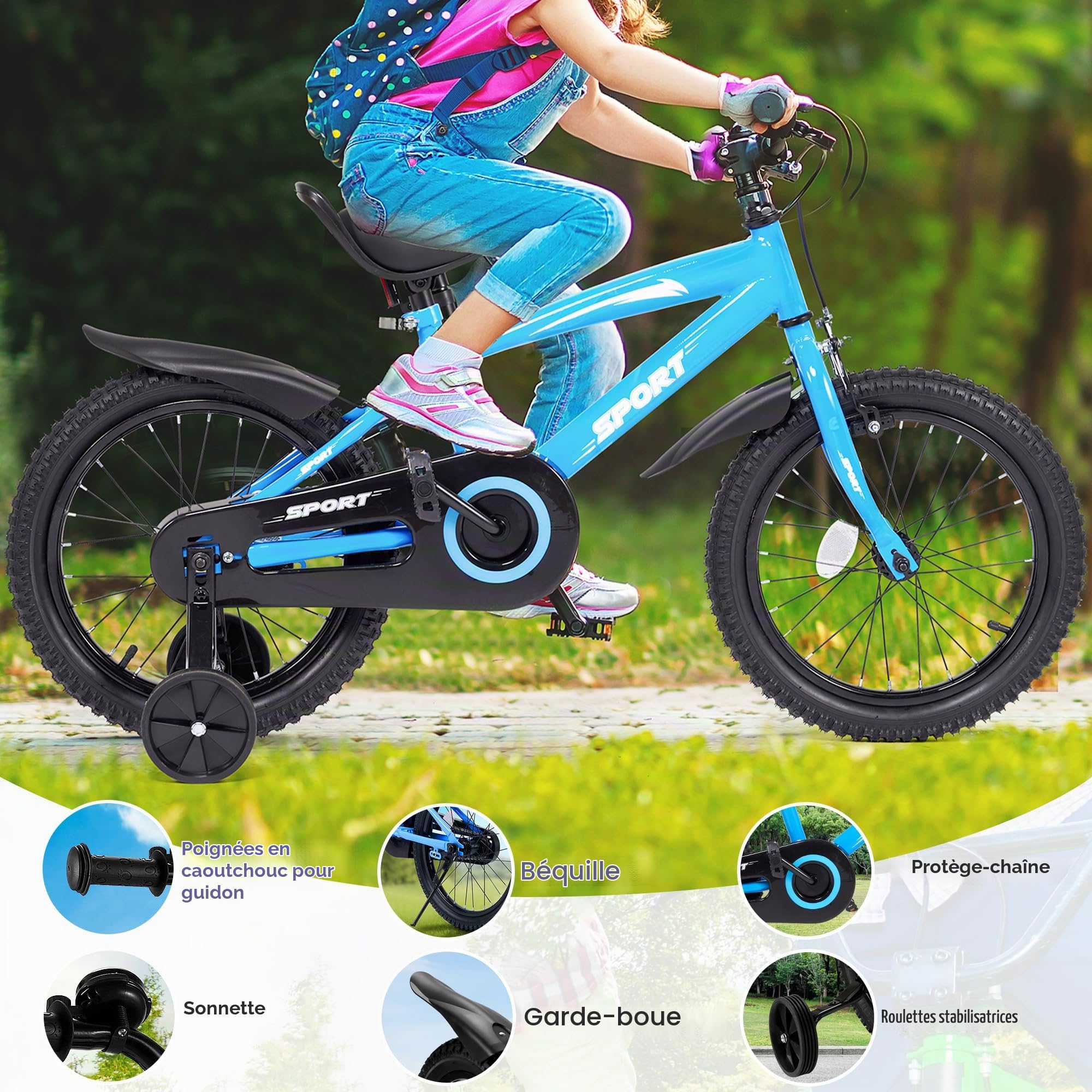 BODIOO Vélo pour enfant de 16" avec siège réglable, roues stabilisatrices, frein à main, frein à rétropédalage et cadre solide pour cyclistes de 104 à 117 cm (bleu)