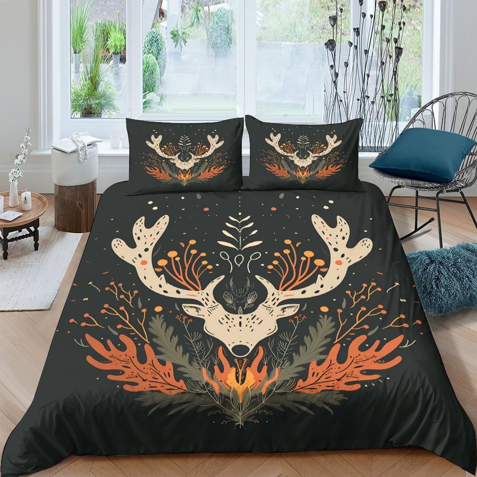 Ctjqhvkz Style-9 3D Printed Deer Skull Fitted Sheet Microfiber Antler Fire Forest Bed Cover Non Slip Machine Washable For Bedroom Decor Single（135X200cm）