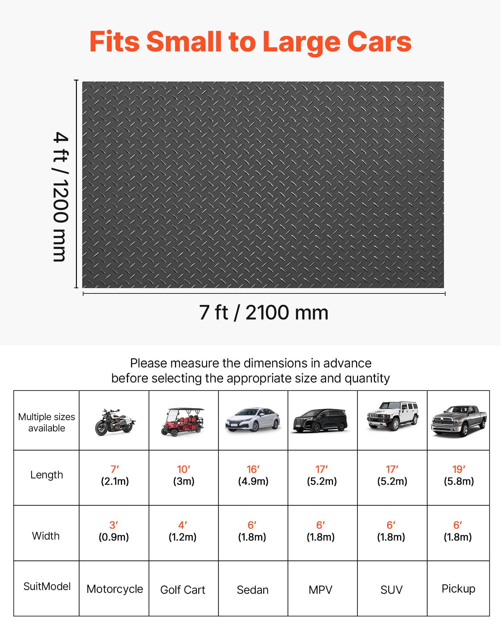 VEVOR Garagenbodenmatte, 1200x2100 mm Antirutschmatte, Meterware, 2,2 mm dicke PVC-Noppenmatte, Bodenschutzmatte mit doppelseitigem Klebeband, für Lager, Fitnessstudios, Anhänger, Schwarz