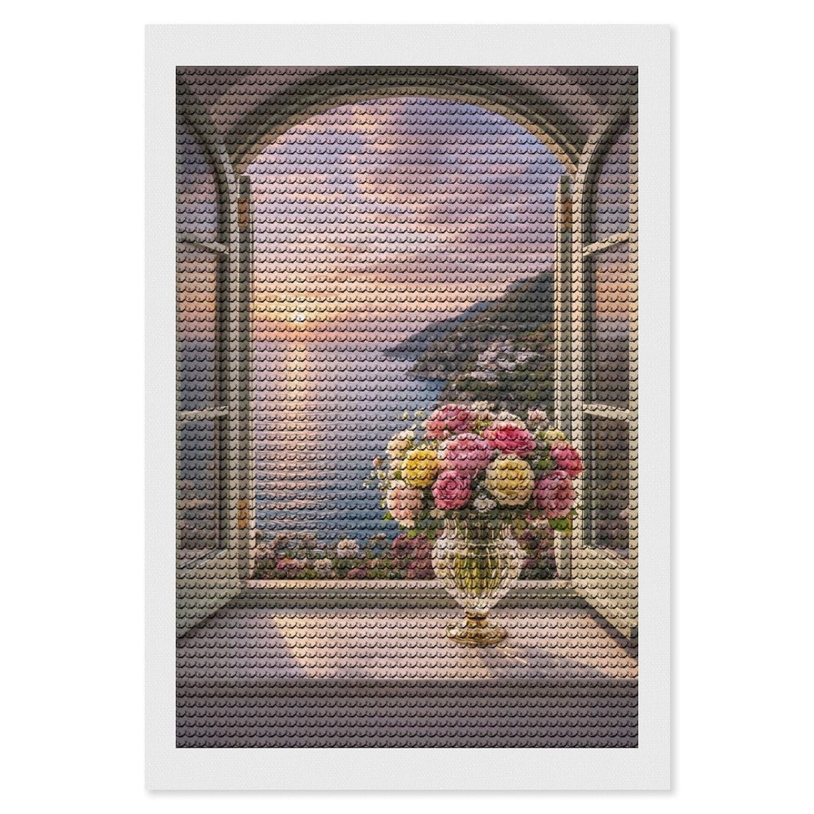 Junmoney Window View of Positano at Sunset with Roses Crystal Diamond Art Kit 8"x12", Round Gems, Detailed Printed Canvas, Creative Gift Idea, Vintage Style Decor
