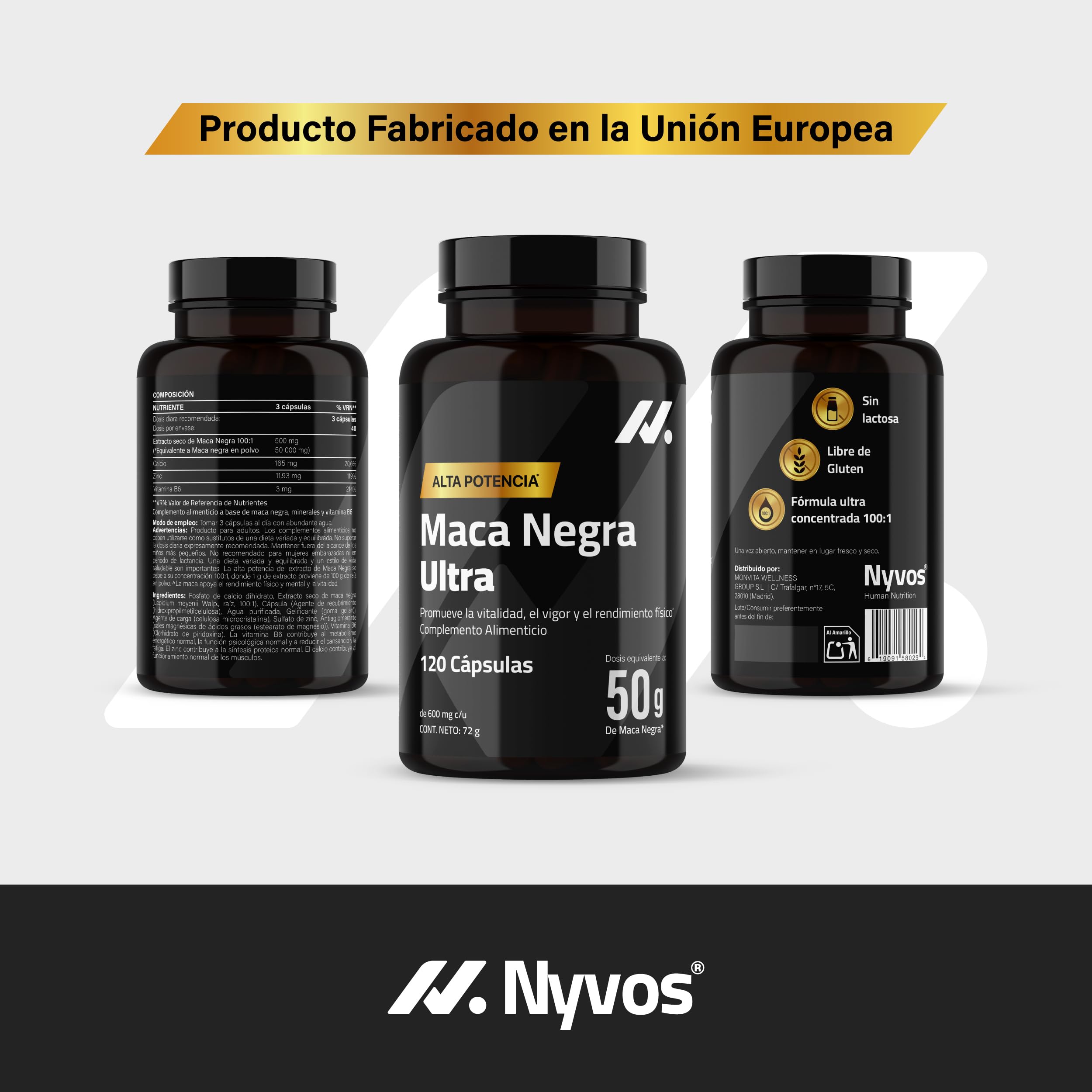 Maca Negra Ultra 50.000 mg (concentrado 100:1) - Vitalidad Masculina y Energía - con Extracto estandarizado, Zinc, B6 y Calcio - vegano, sin cafeína - 120 Cápsulas - Nyvos