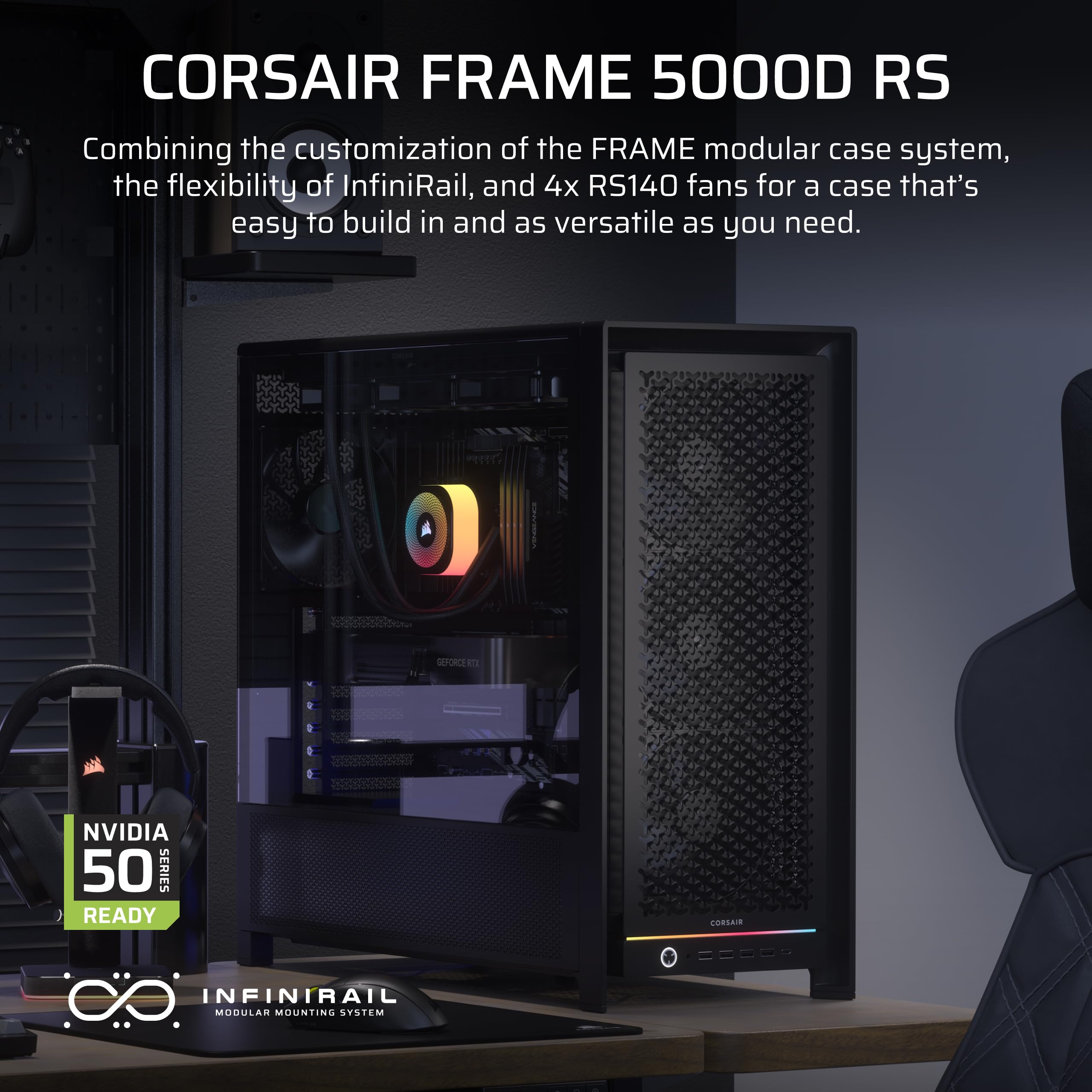 CORSAIR FRAME 5000D RS Modulare Flusso d'aria Elevato Mid-Tower PC Case – 4x Ventole RS Preinstallate, Sistema di Montaggio Delle Ventole InfiniRail, Scheda Madre a Connettore Inverso – Nero