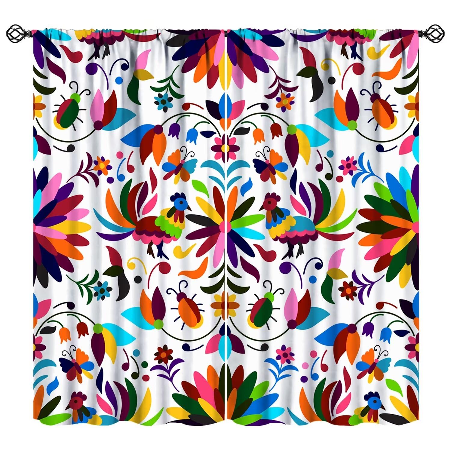 JESTRONRY Mexico Floral Curtains, Blue Bird Mexican Otomi Style Colorful Flower Boho Floral Ethnic Print Window Treatment for Living Room Bedroom Kitchen Decor 84x84 Inch Blackout