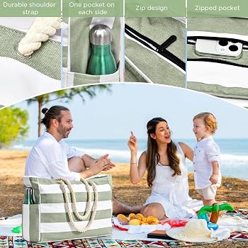 Bolso Tote Grande De Pana Para Mujer - Bolsa De Playa Con Cremallera, Múltiples Bolsillos