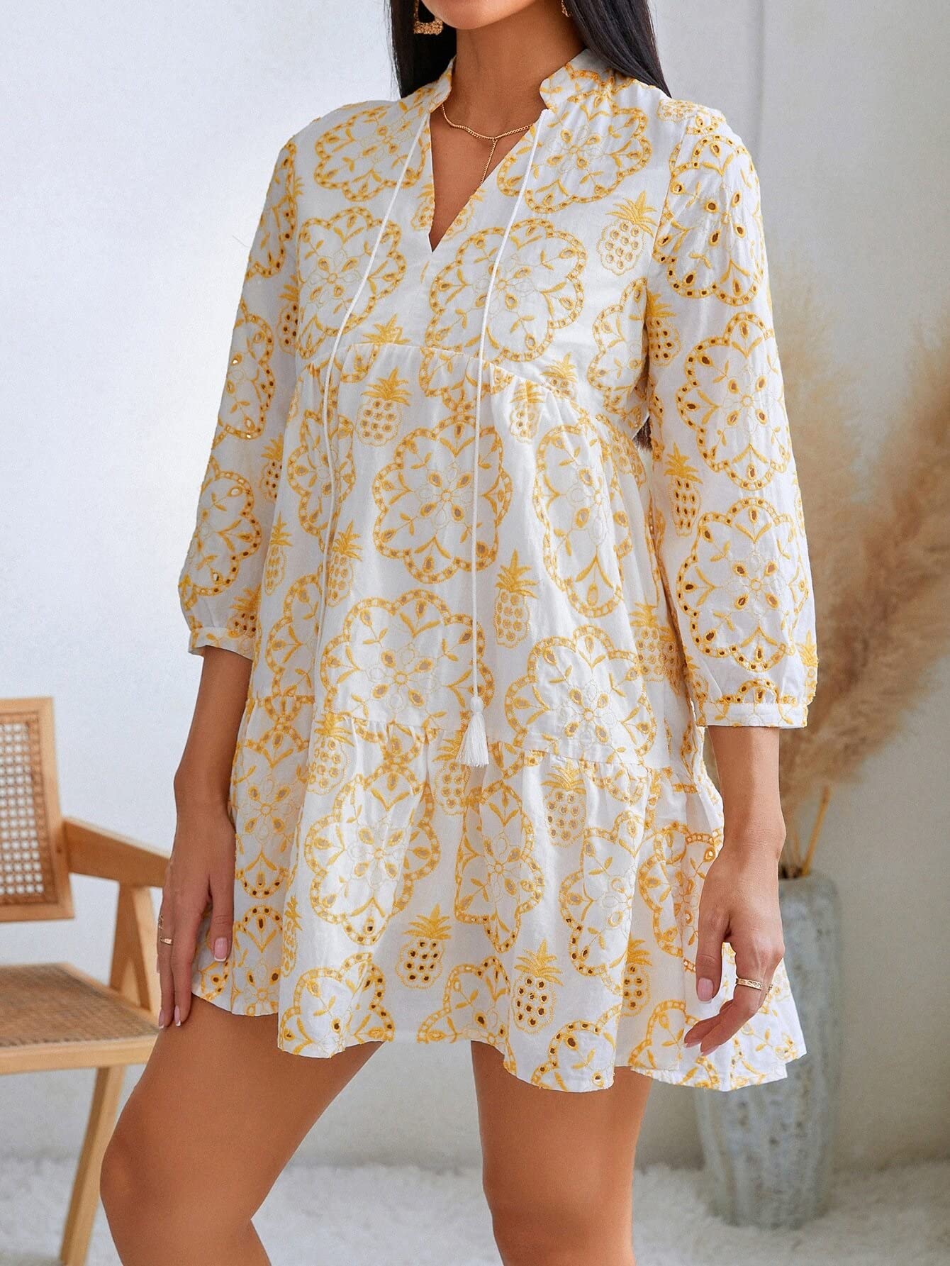 VAKAR Vacation Dresses for Women Allover Embroidery Tassel Tie Neck Lantern  Sleeve Ruffle Hem Smock Dress (Color : White, Size : XS): Buy Online at  Best Price in UAE - Amazon.ae
