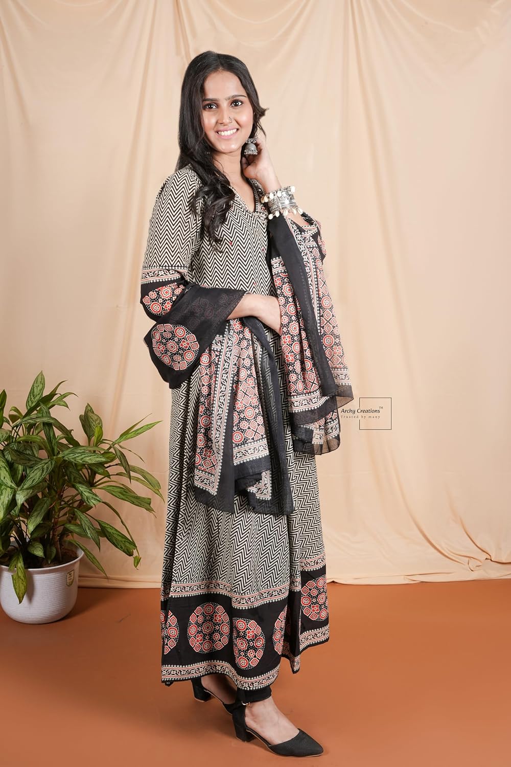 Bandhani Traditional Cotton Anarkali Kurta Set, Black and Grey, Sequence Katha Work with Printed Dupatta