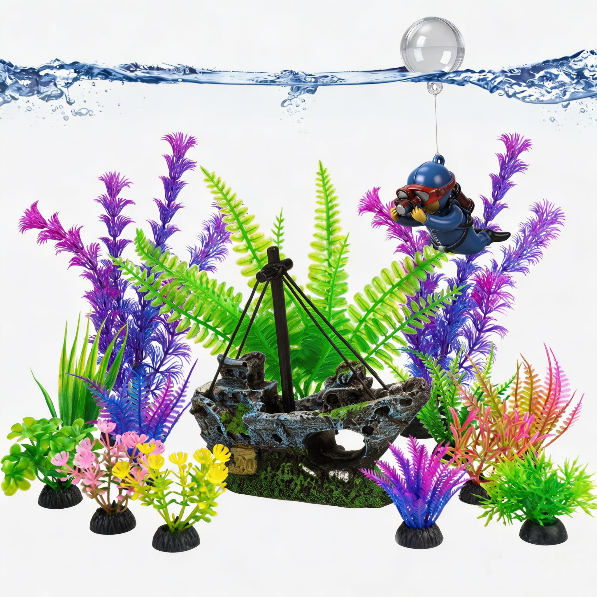 Ameliade Aquarium-Deko-Set mit Schiffswrack-Dekoration, kleiner Taucher schwimmend & 13 Wasser-Kunstpflanzen – Betta-Pflanzen & Verstecke für Aquarien und kleines Aquarium-Zubehör