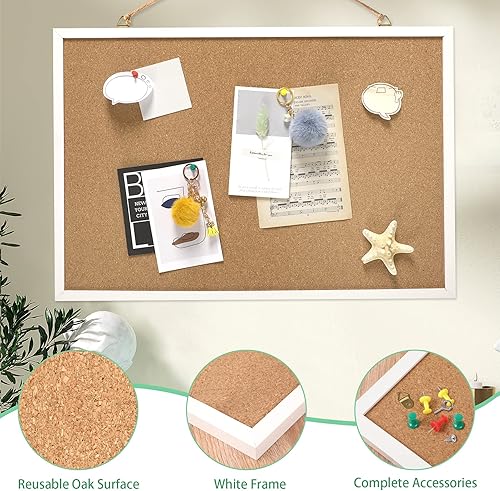 Miniatura 3 de FEBSNOW Tablero de anuncios de corcho de 23 x 15.7 pulgadas con marco blanco rectangular para colgar en paredes, tablero de mensajes de oficina o