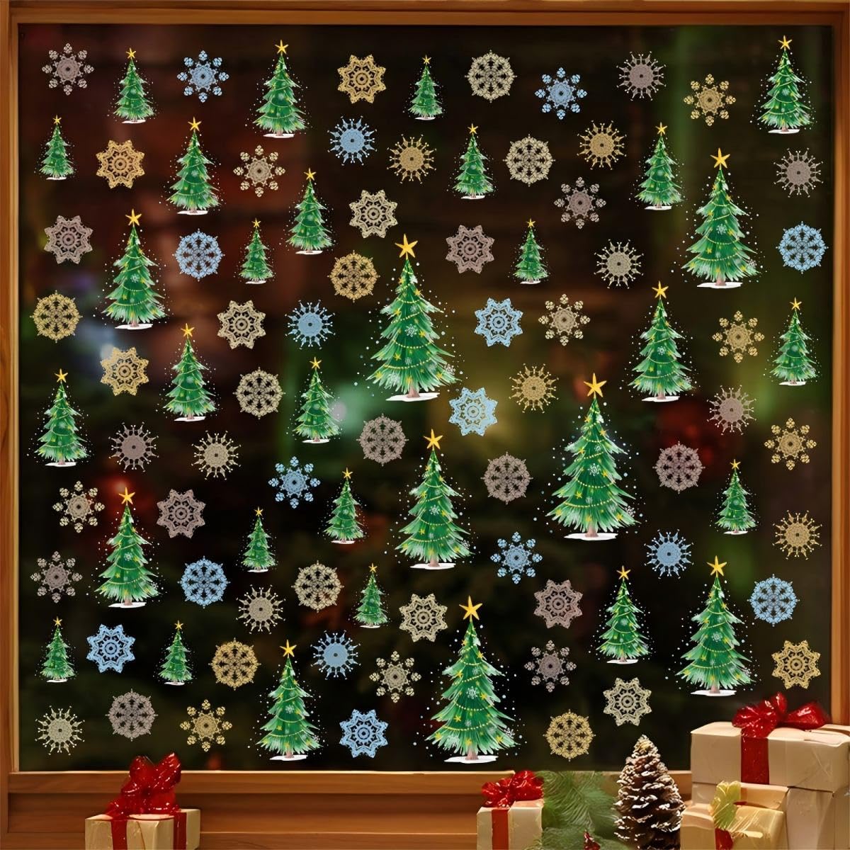 Disdarkday Snowflake Christmas Tree 4 Sheets Christmas Window Stickers, Removable Christmas Tree Stickers Colorful Snowflakes Atmosphere Decoration Decals Pvc Static For Xmas Window Decoration