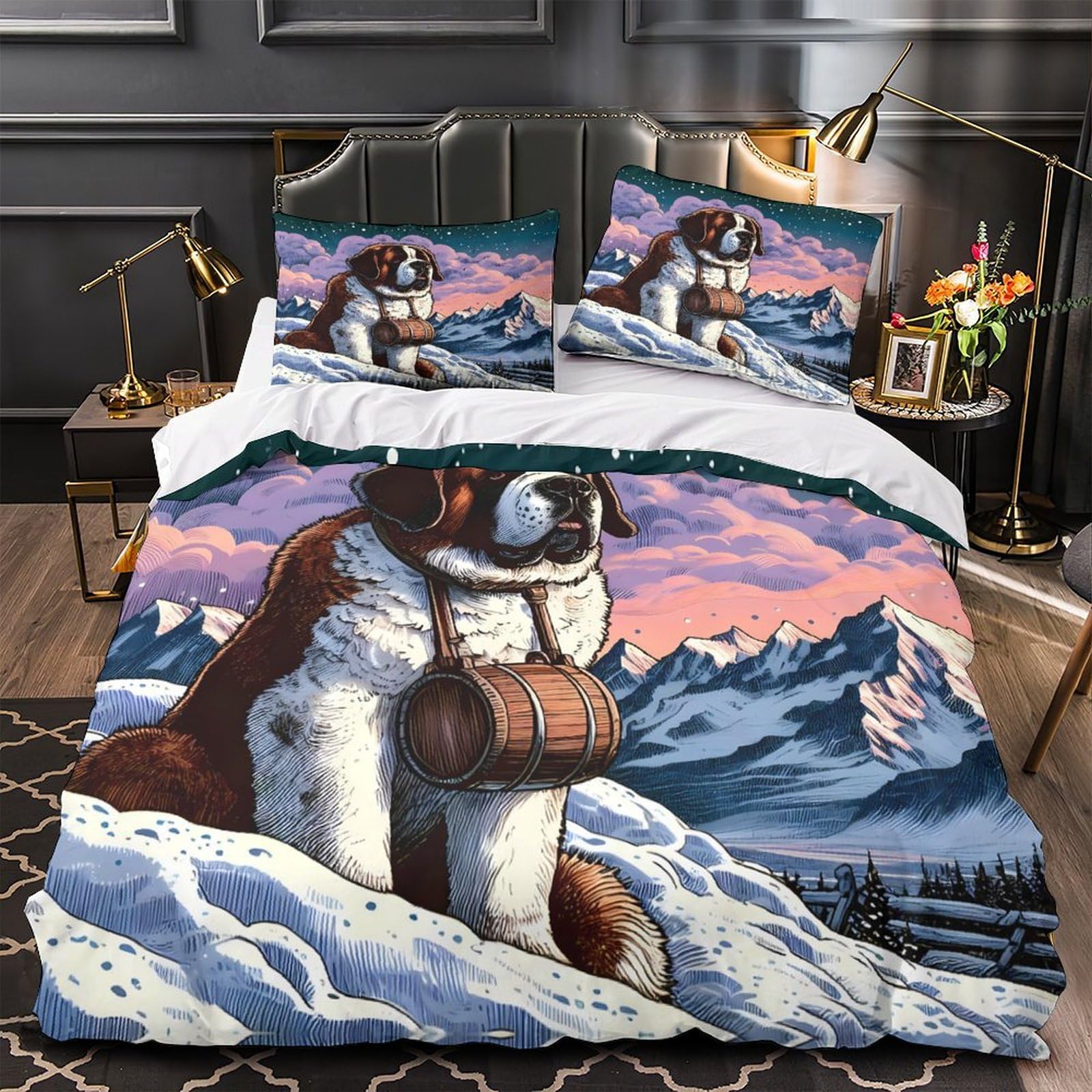 Saint Bernard Quilt Cover 3D Print Anti-allergic 3PCs Bed Linen Hidden Zipper mountain Rescue Dog Comforter Cover Luxury Breathable for Teens Adults Women Kids Youth Boys Girls Double（200x200cm）