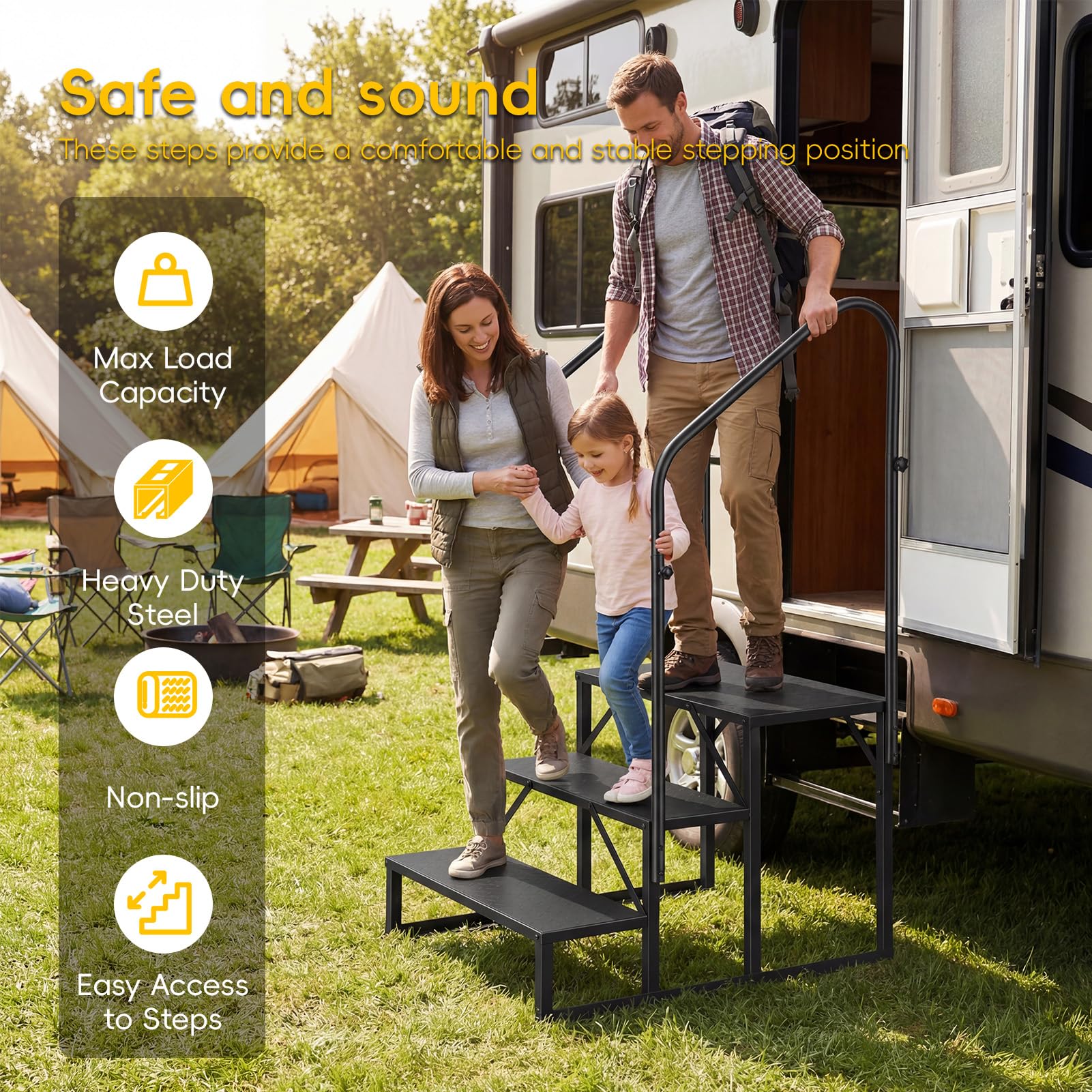 Escabeau à 3 marches pour caravane avec main courante, escabeau d'extérieur très résistant, en acier au carbone, antidérapant, pour camping-car, porche, jacuzzi, jardin, capacité de charge de 300 kg