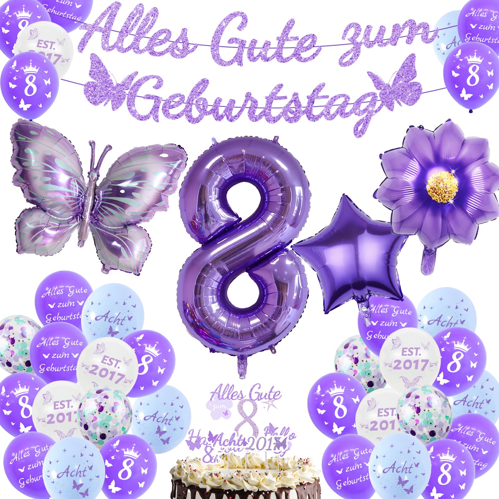50 Stück Dekoration Geburtstag Schmetterling 8 Jahre Set, Ballon Schmetterling aus Aluminiumfolie mit Ballon Blume, Schmetterling Dekoration Kuchen, Dekoration für Mädchen 8 Jahre Geburtstag