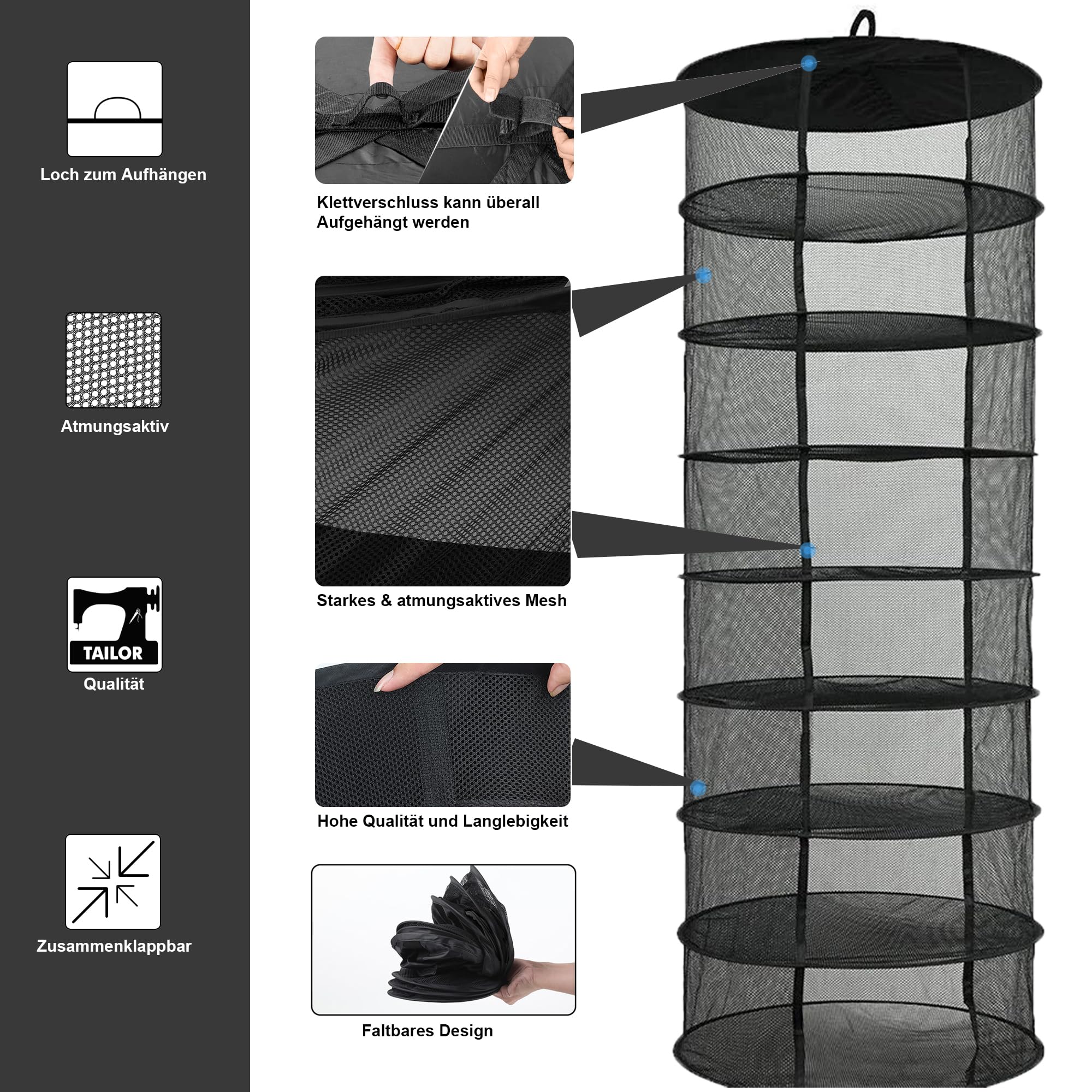 Desy & Feeci Hängendes Kräuter-Trockennetz 8-lagiger Pflanzennetz-Trockenständer Für Kräuter, 2ft Plant Hanging Mesh Trockennetz Schwarz(H160*D60 cm)
