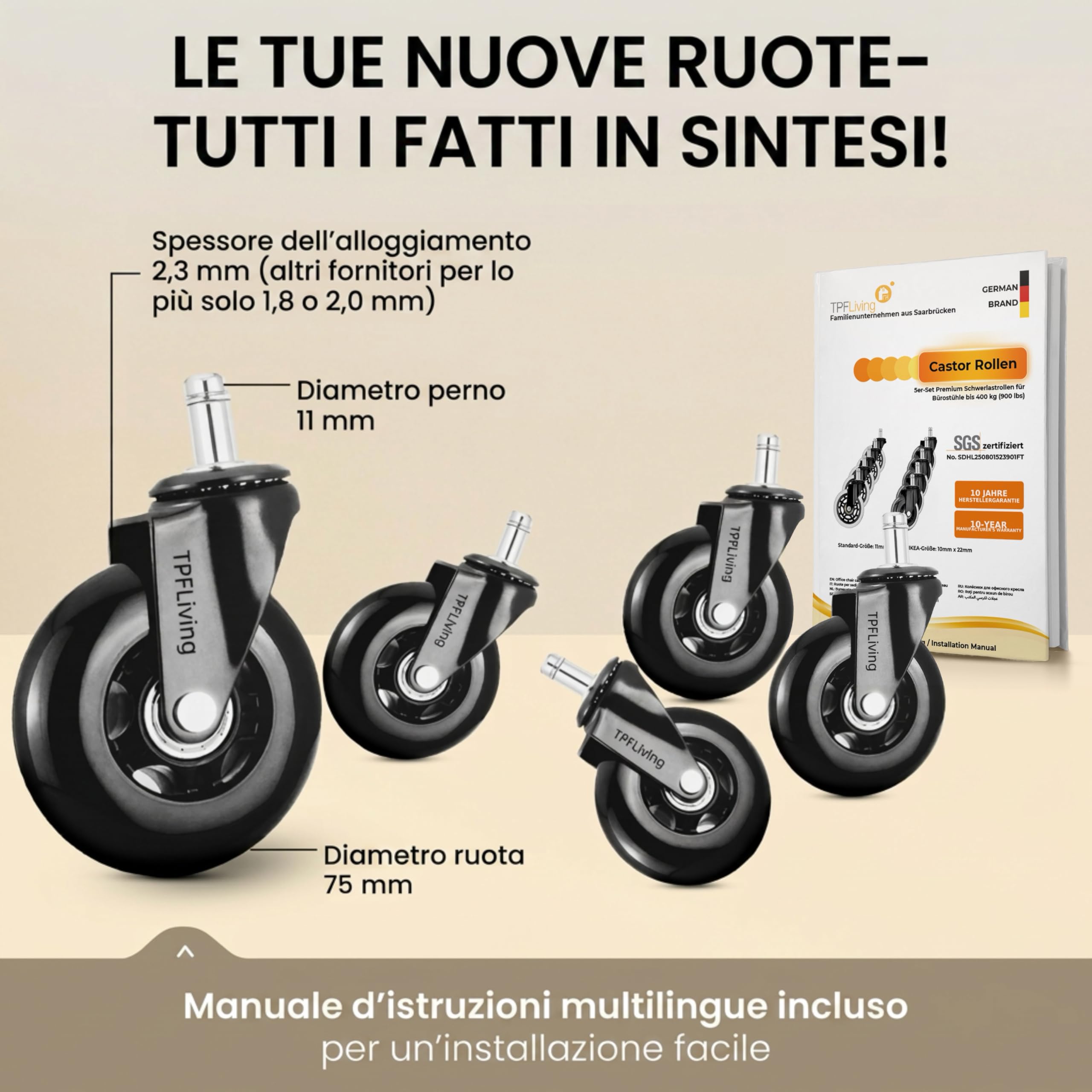 Set premium da ruote sedia ufficio 11 mm x 22 mm – Certificato SGS fino a 400 kg (900 lbs) – Ruote durevoli, silenziose e delicate sui pavimenti – Rotelle per mobili facili da montare